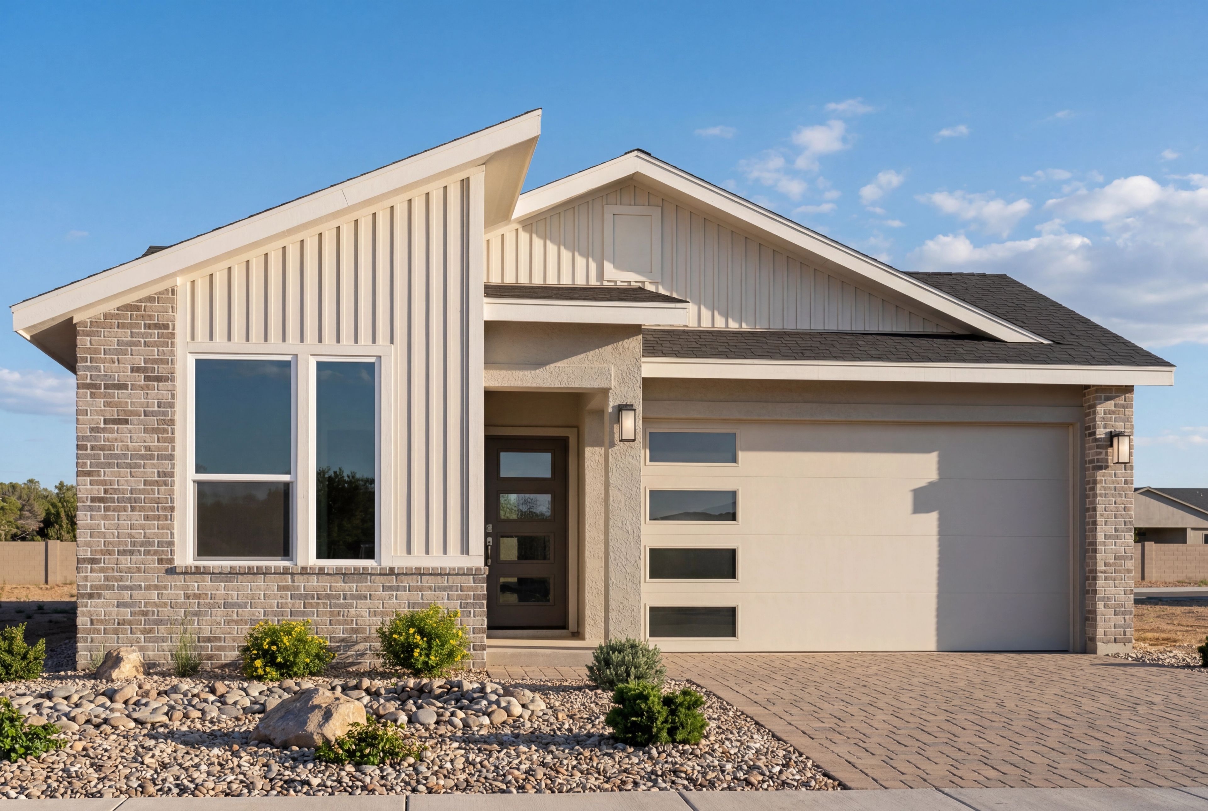 Modern single-story exterior of The Nantucket C in Prescott, Arizona featuring brick, siding, and a 3-car garage.