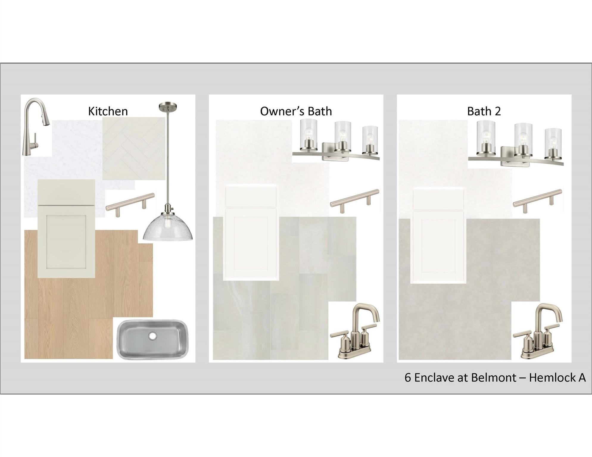 Modern kitchen and bath fixtures mood board: faucets, vanities, tiles for Hemlock A floor plan in Enclave at Belmont, NC