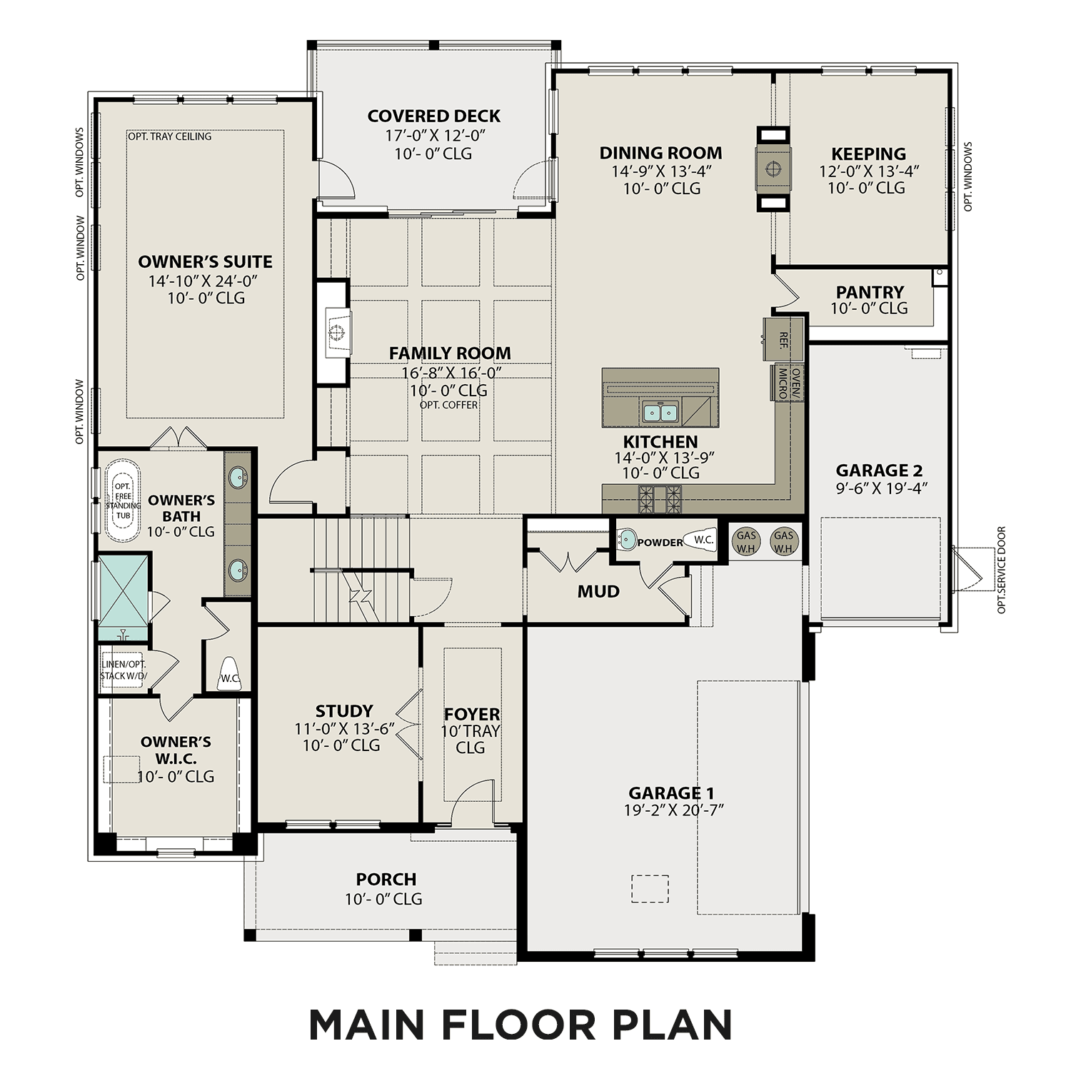 First floor plan of The Albany A showcasing open kitchen, dining room, owner's suite, and 3-car garage