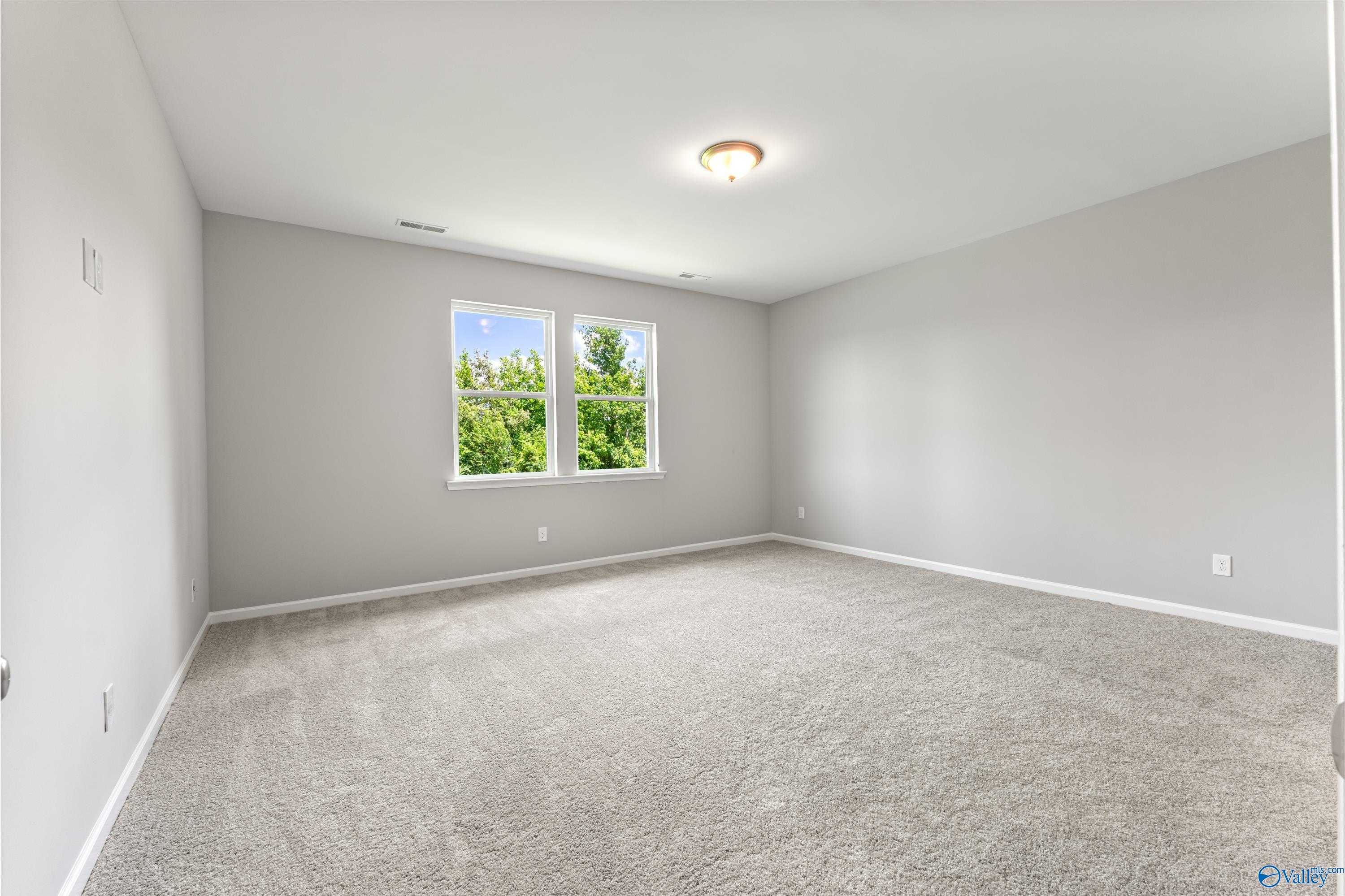 Bright secondary bedroom featuring gray walls, plush carpet, large windows with tree views in Davidson Homes The Sanctuary, Huntsville