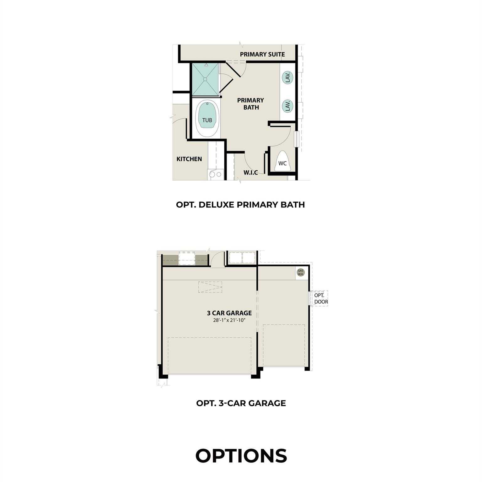 The Laguna B floor plan: 3-bedroom, 2-bath layout with primary suite, kitchen, optional deluxe bath, 2-car garage in Sunterra, Katy, Texas