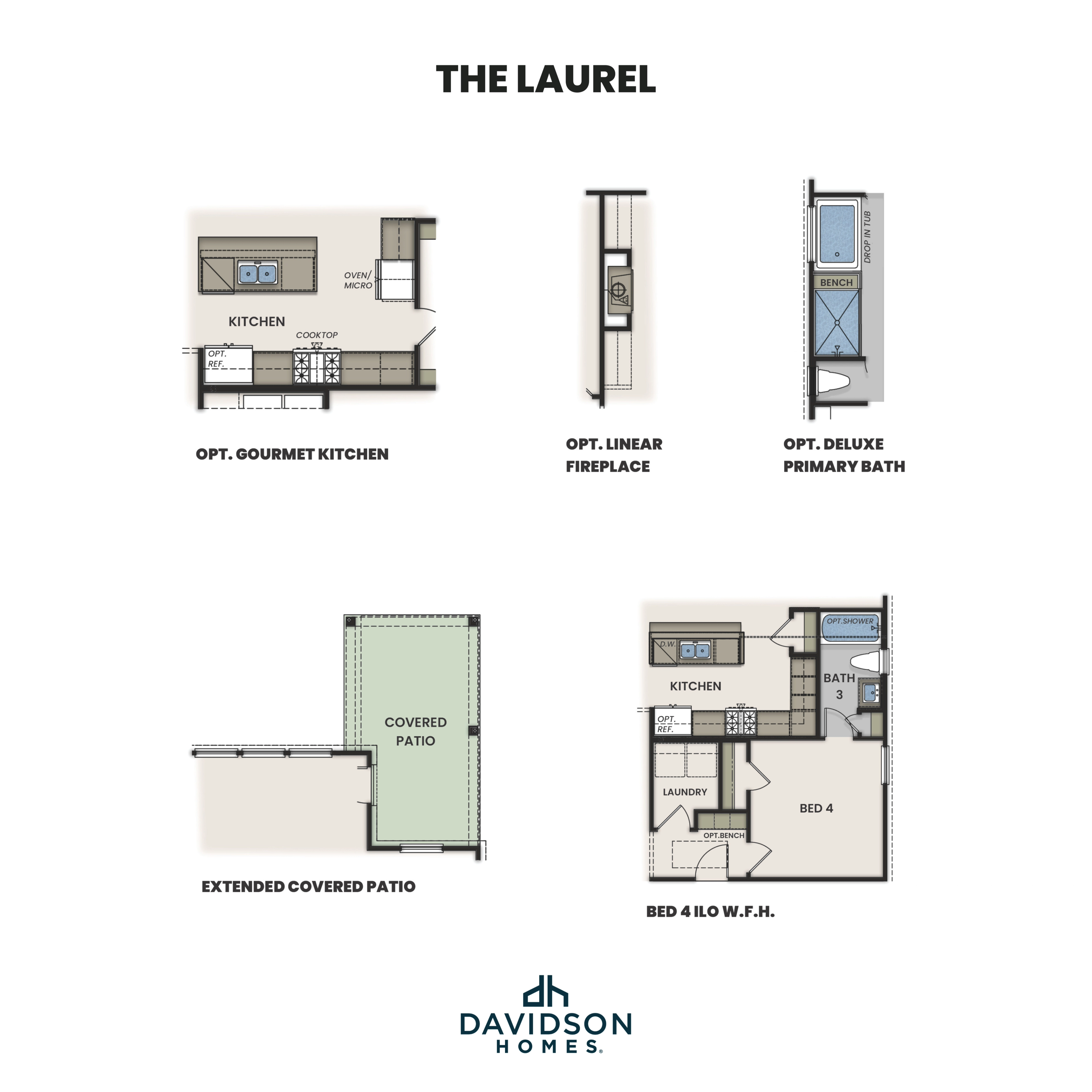 The Laurel floor plan by Davidson Homes in San Antonio, featuring optional gourmet kitchen, fireplace, primary bath, extended covered patio, and bedroom 4