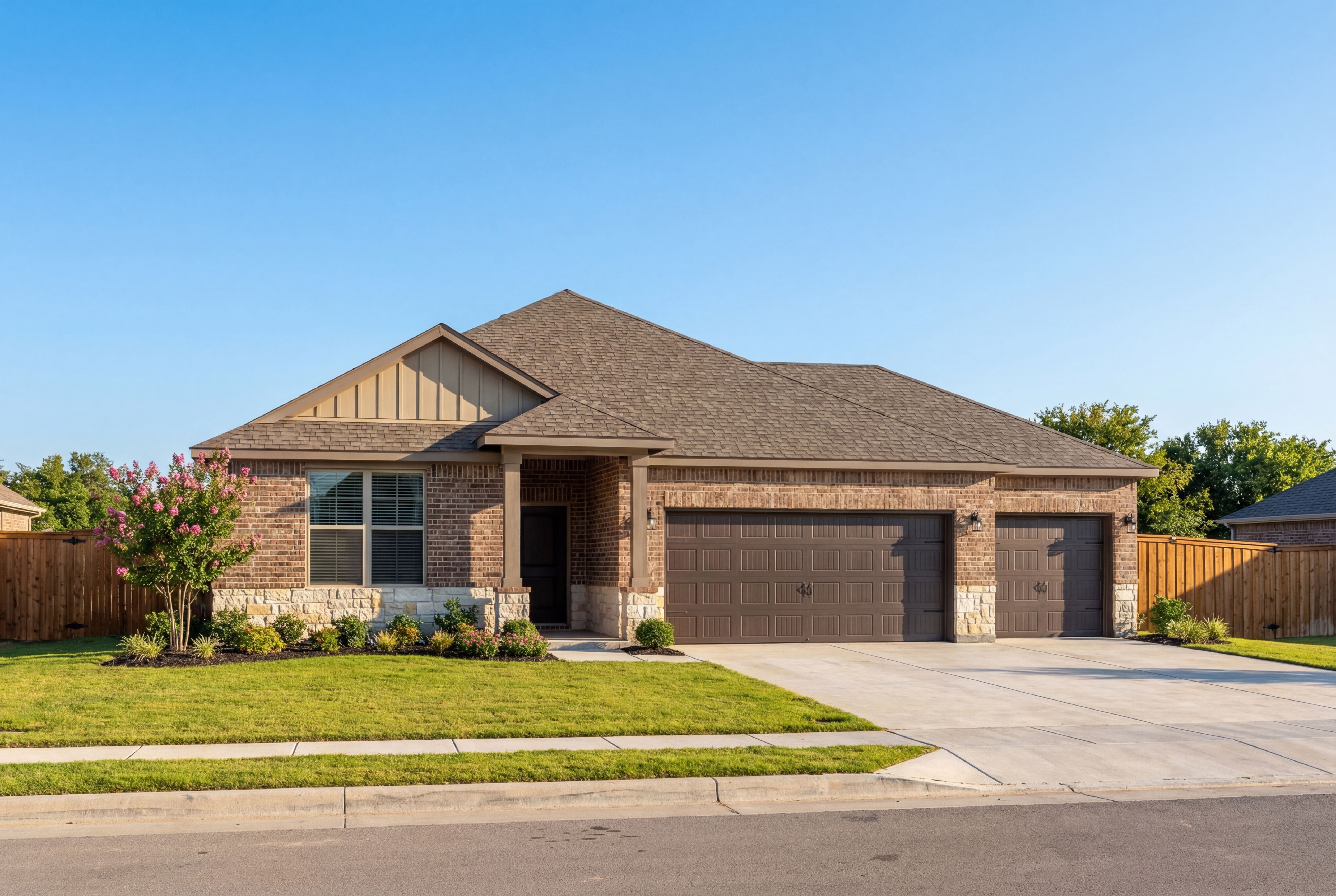 The Daphne F single-story home elevation featuring tan brick and stone facade, covered porch, 3-car garage, driveway, and lush green lawn