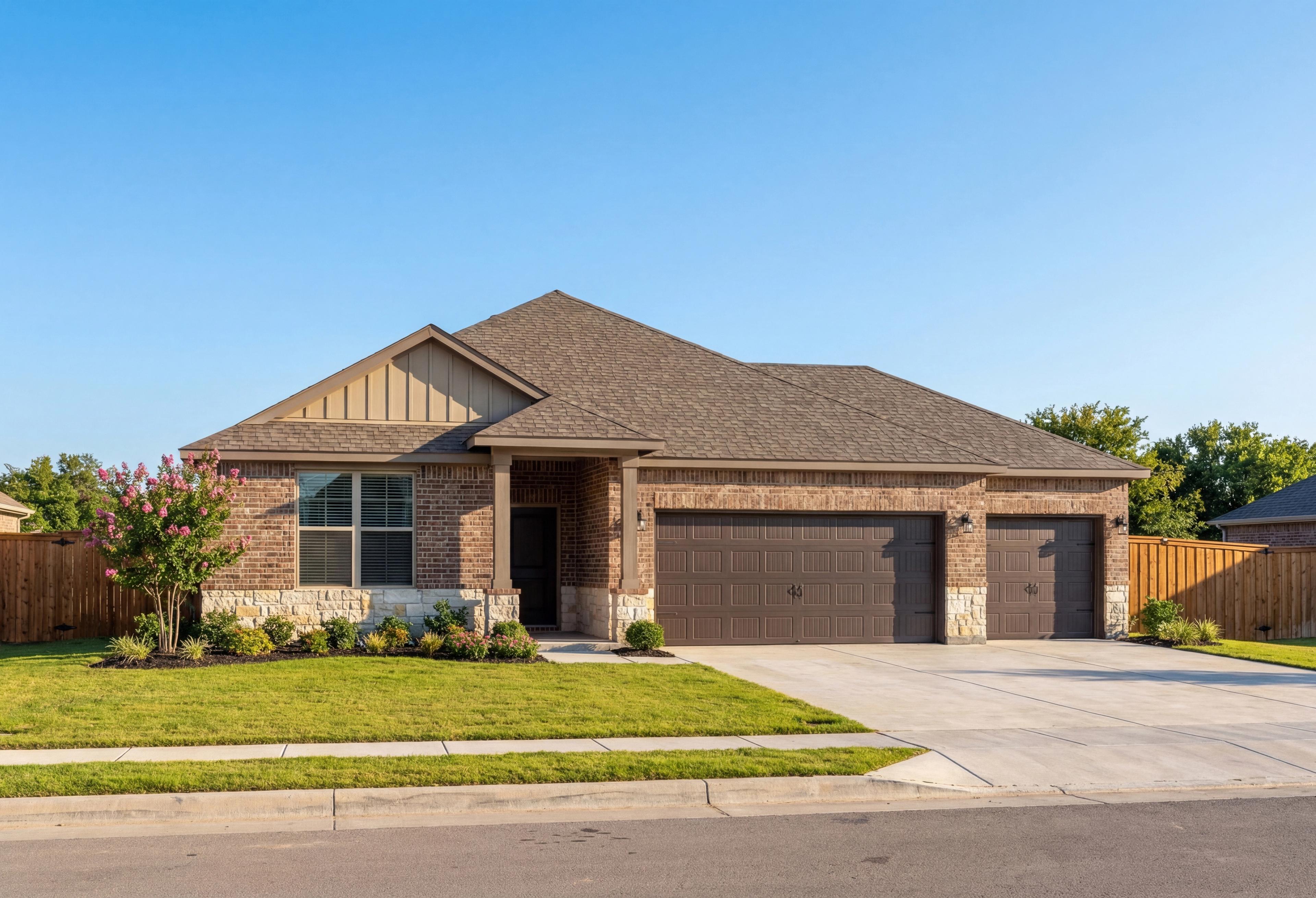 The Daphne F single-story home elevation featuring tan brick and stone facade, covered porch, 3-car garage, driveway, and lush green lawn
