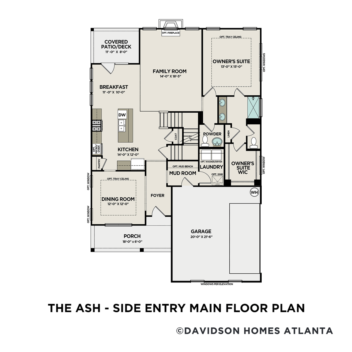 1 - The Ash A – Side Entry buildable floor plan layout in Davidson Homes' Mountainbrook community.