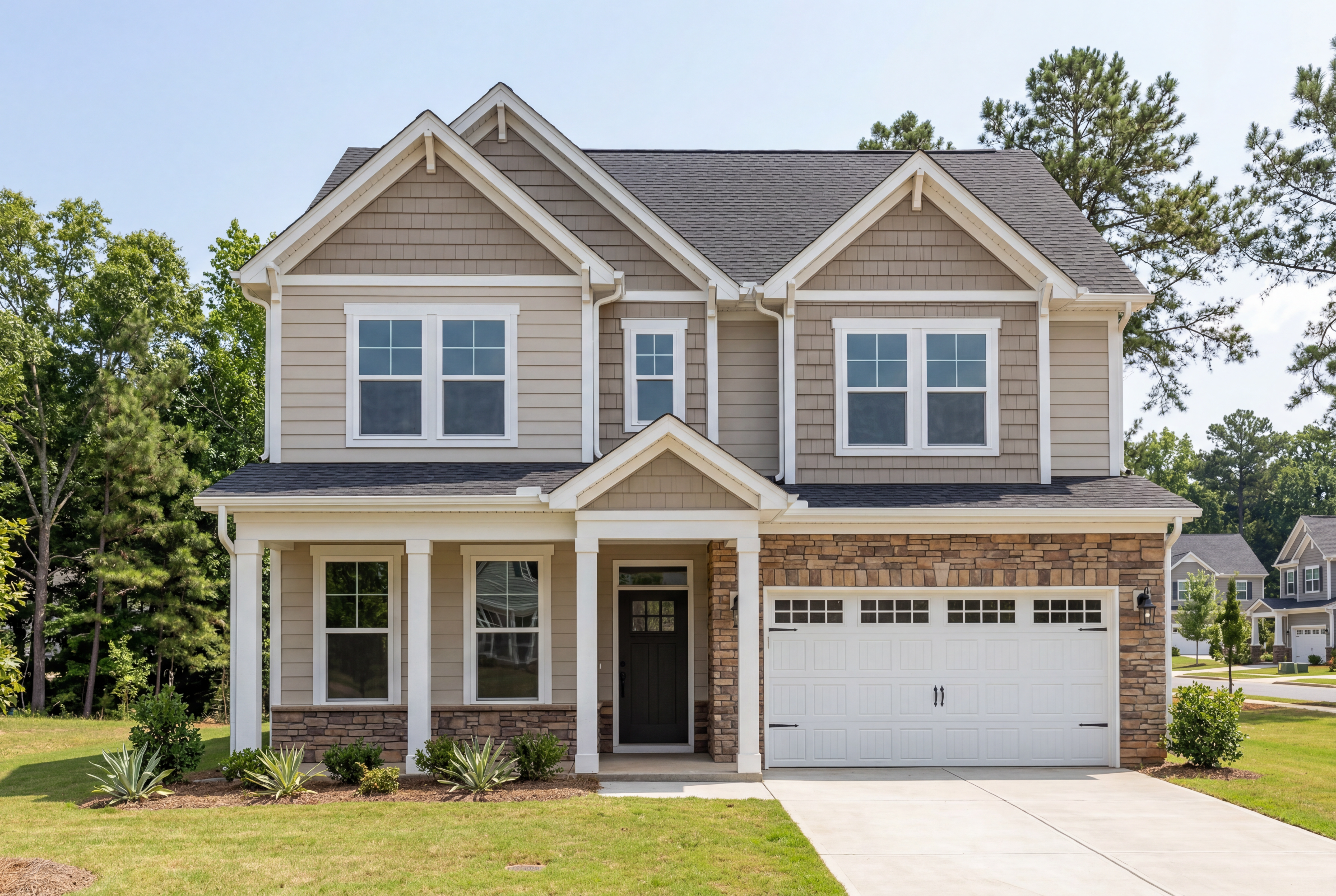 Two-story craftsman elevation of The Chestnut A showcasing beige siding, brick accents, covered porch, and two-car garage in Belmont NC