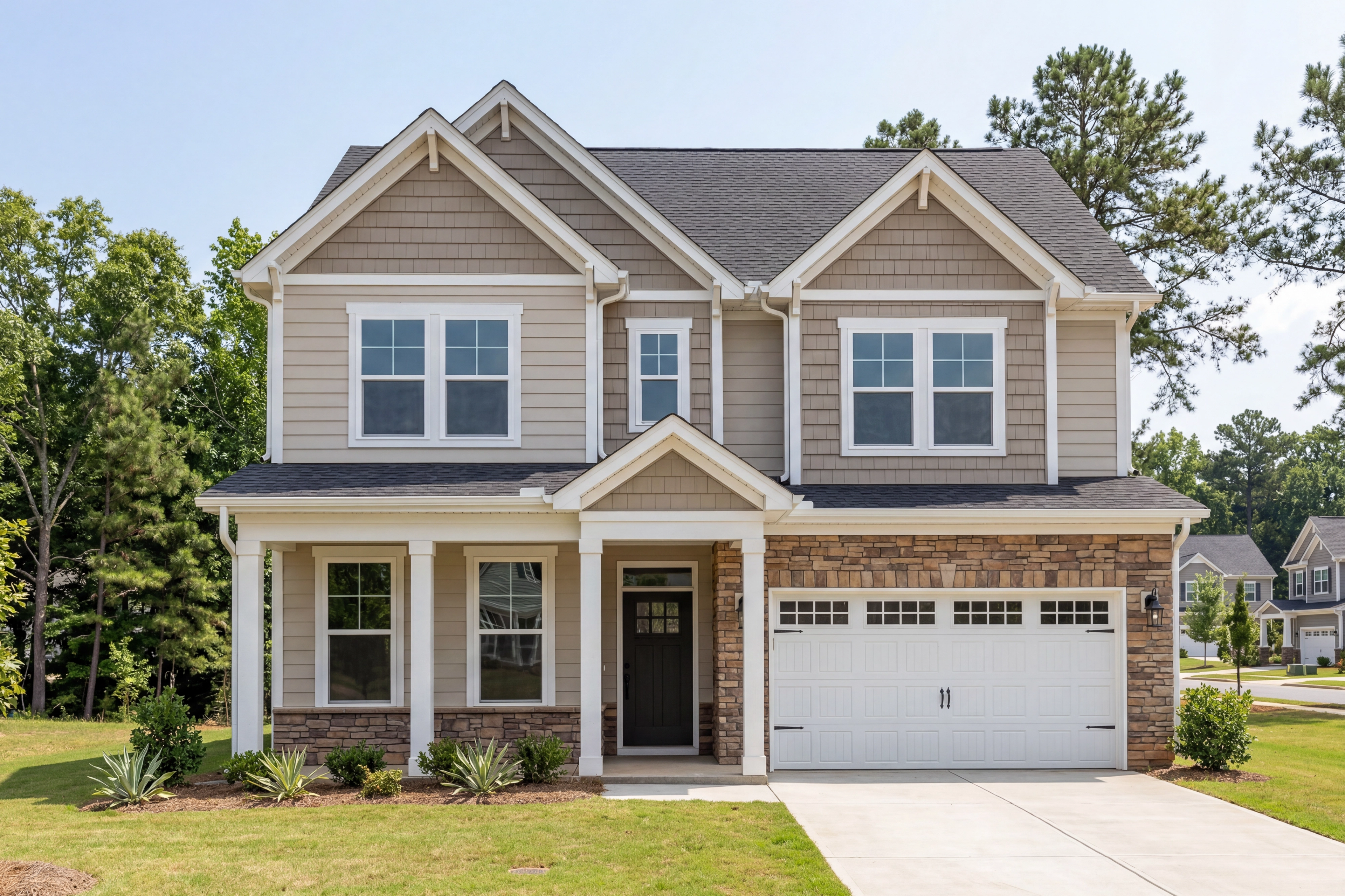 Two-story craftsman elevation of The Chestnut A showcasing beige siding, brick accents, covered porch, and two-car garage in Belmont NC