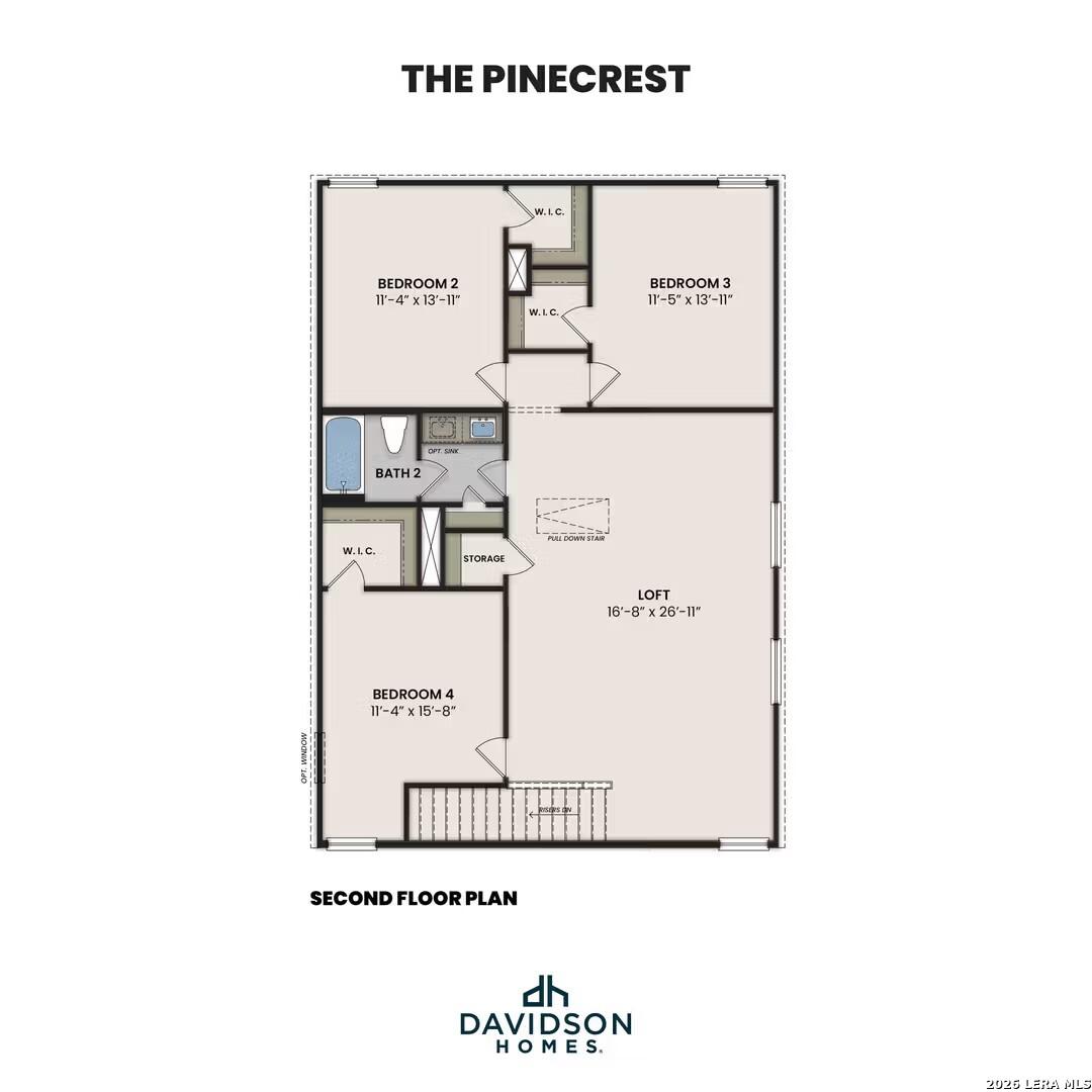 Second floor plan for The Pinecrest by Davidson Homes in Morgan Meadows, San Antonio, featuring loft and three bedrooms.