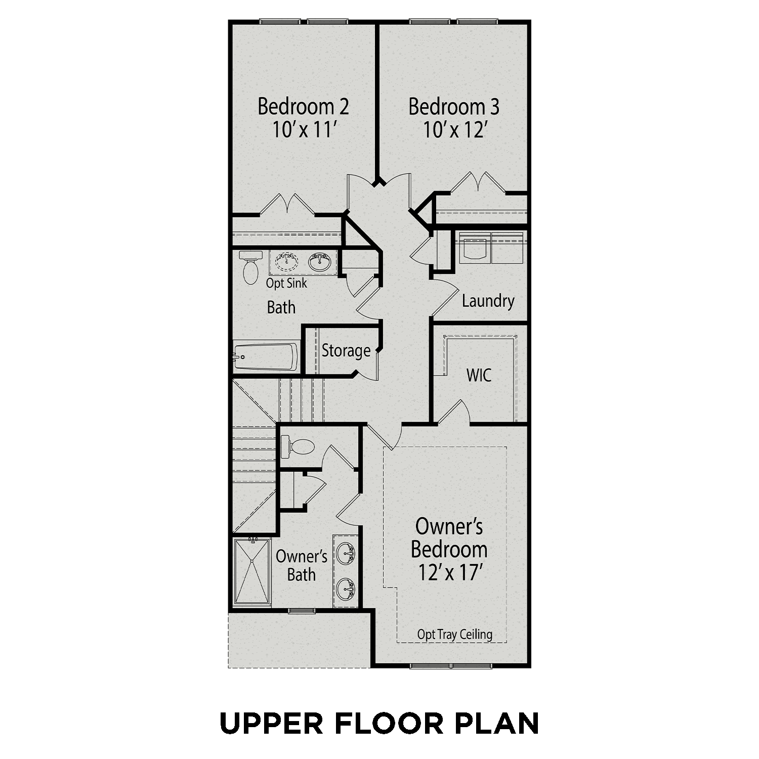 The Warren upper floor plan featuring owner's suite, 2 bedrooms, baths, laundry, and loft in Lillington NC home