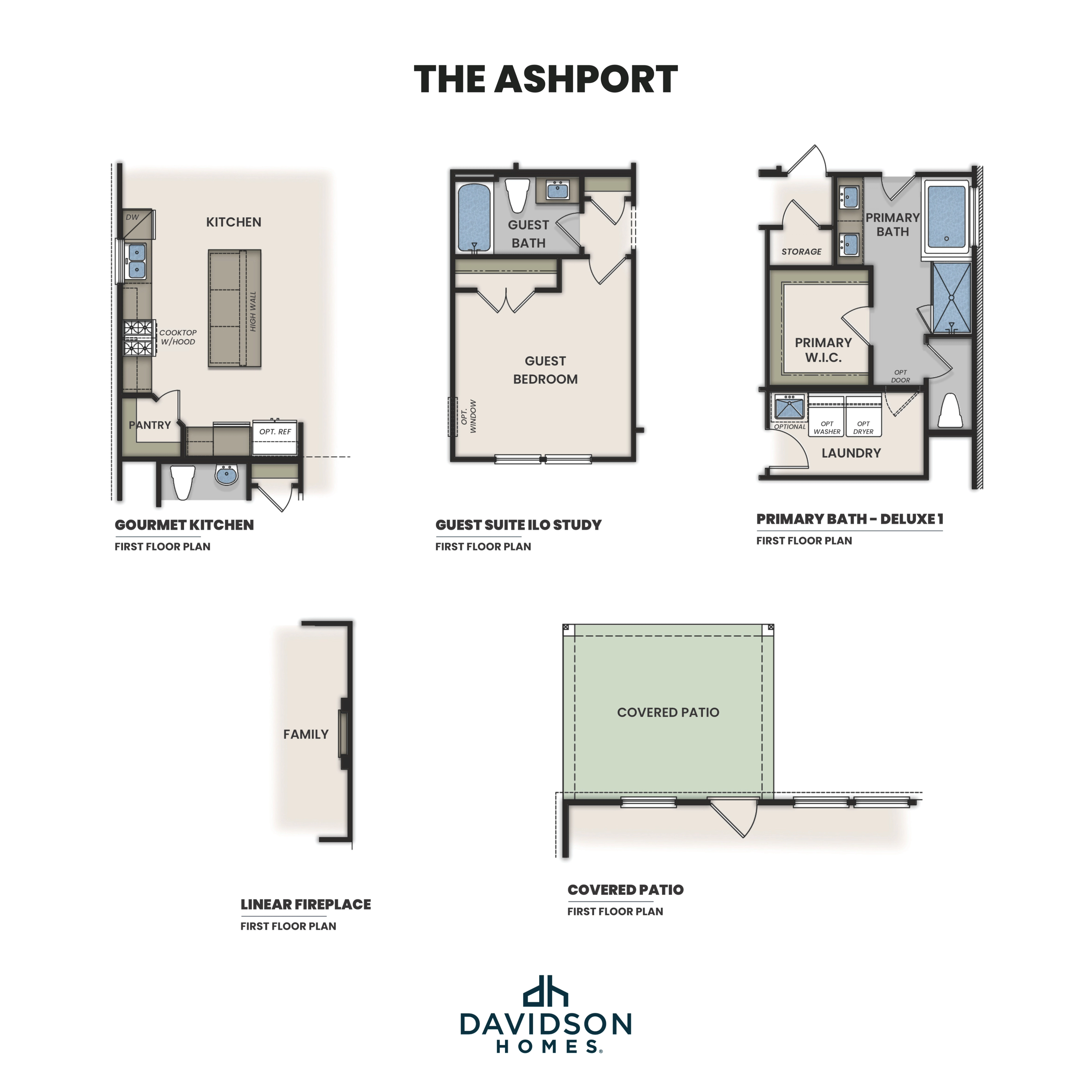 The Ashport first floor plan by Davidson Homes: gourmet kitchen with island, deluxe primary bath, guest suite, linear fireplace, covered patio