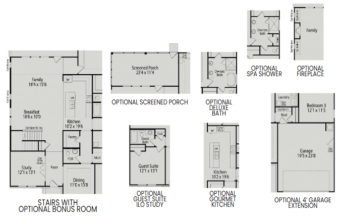 Floor plan options for The Magnolia II A, featuring gourmet kitchen, guest suite, screened porch, and garage extension.