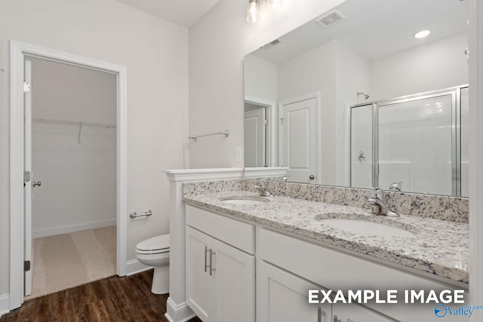 Modern master bathroom featuring double vanity with quartz counters, frameless shower, and walk-in closet in Davidson Homes The Asheville C, Meridianville, Alabama