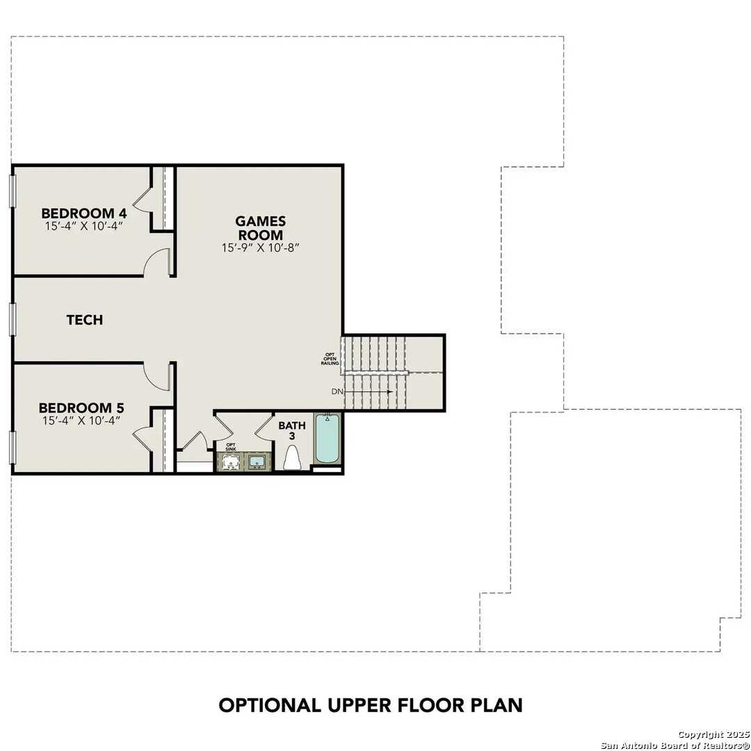 Optional upper floor plan with Bedroom 4, Bedroom 5, games room, tech space, and bath in Davidson Homes The Foster G, Castroville, Texas