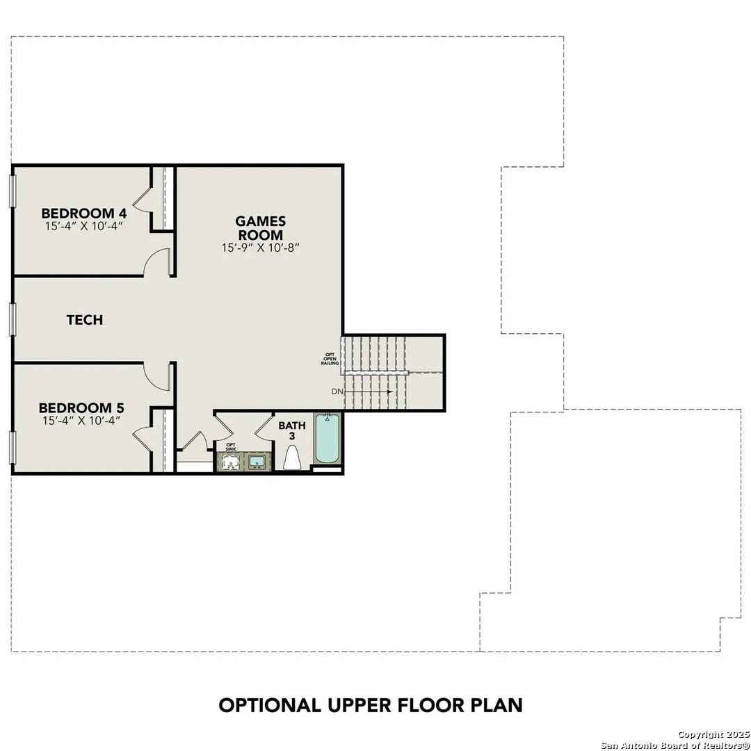 Optional upper floor plan with Bedroom 4, Bedroom 5, games room, tech space, and bath in Davidson Homes The Foster G, Castroville, Texas