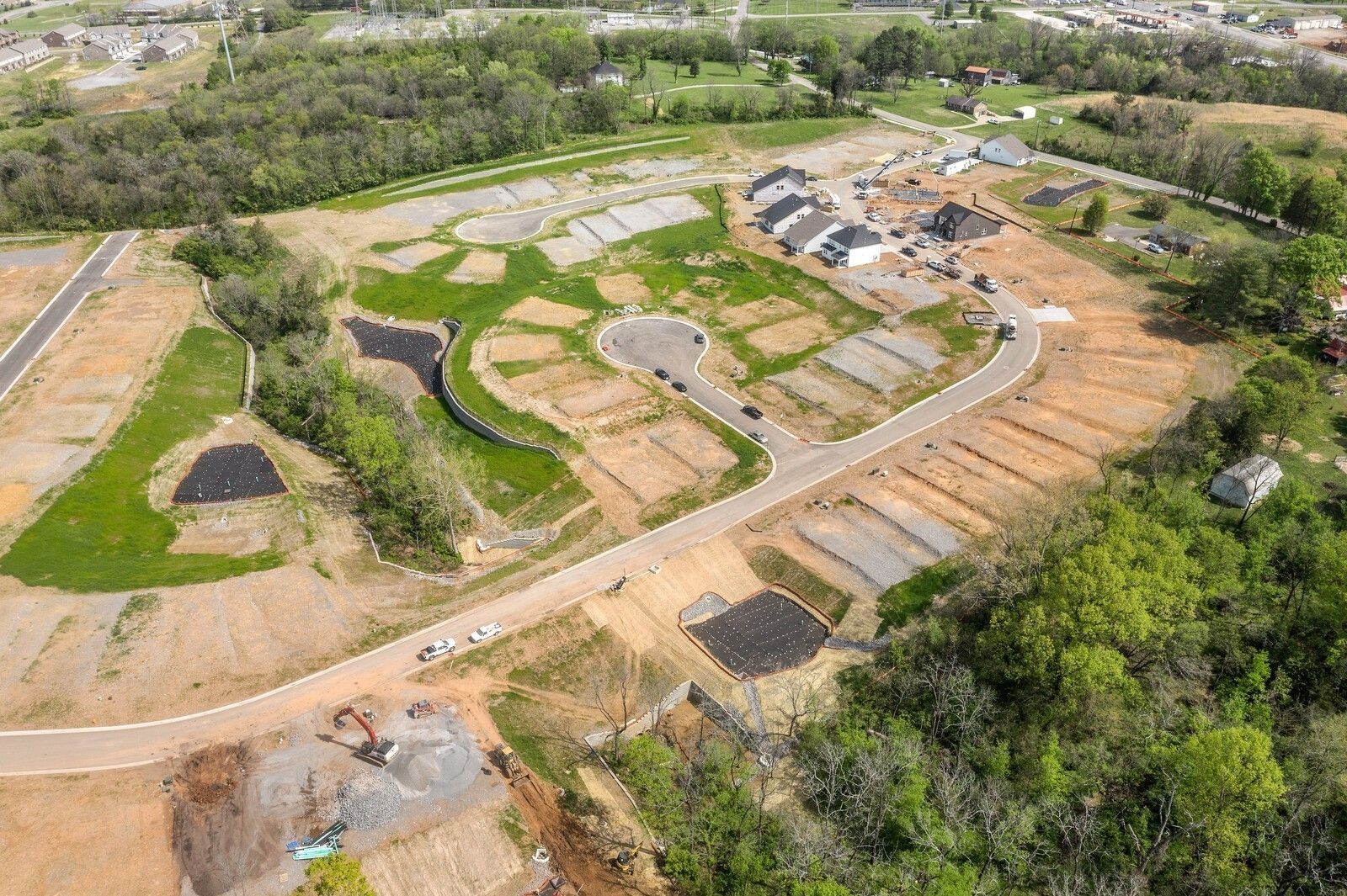 Aerial view of The Willow floor plan homes under construction in Woods Crossing, Gallatin, Tennessee by Davidson Homes