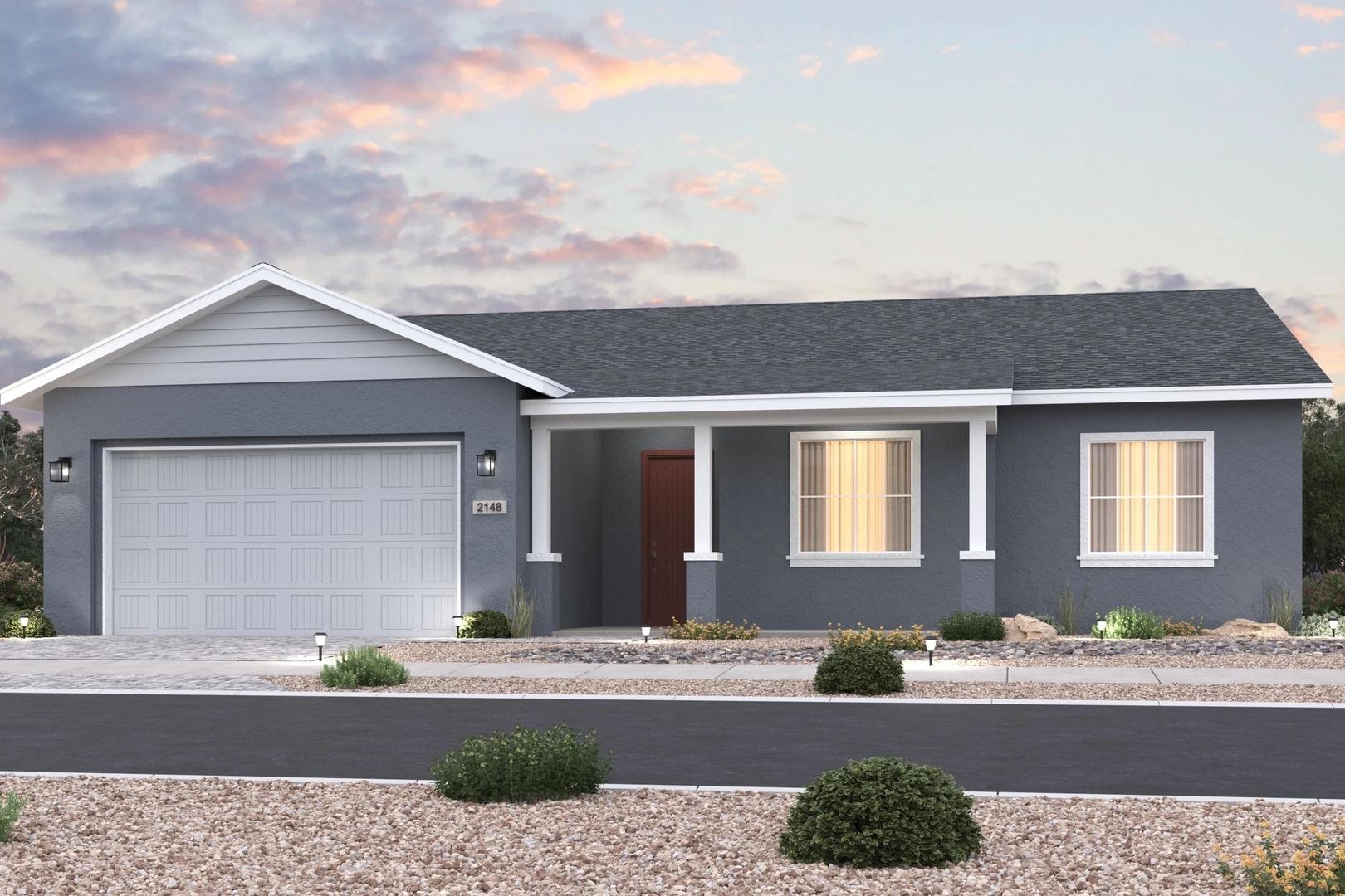 The Summit 1-story single-family home elevation by Evermore Homes in Prescott Valley, AZ, featuring gray siding, covered porch, and 3-car garage