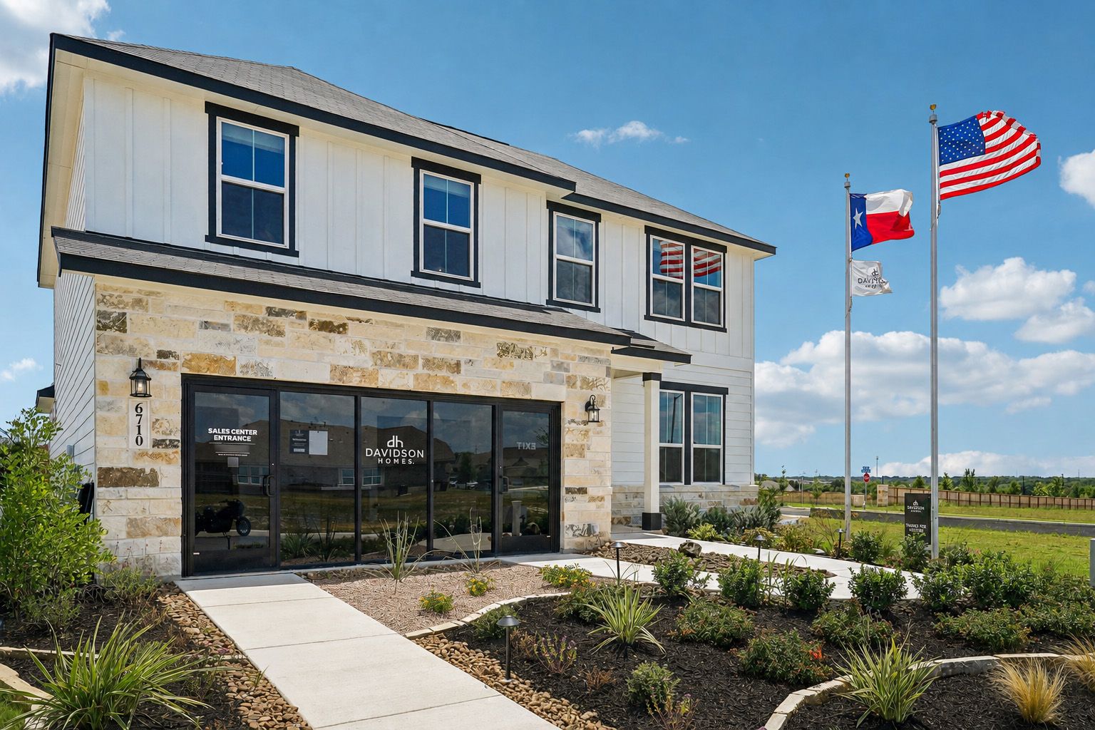 Davidson Homes sales center at Morgan Meadows in San Antonio, Texas featuring modern farmhouse exterior and stone facade.