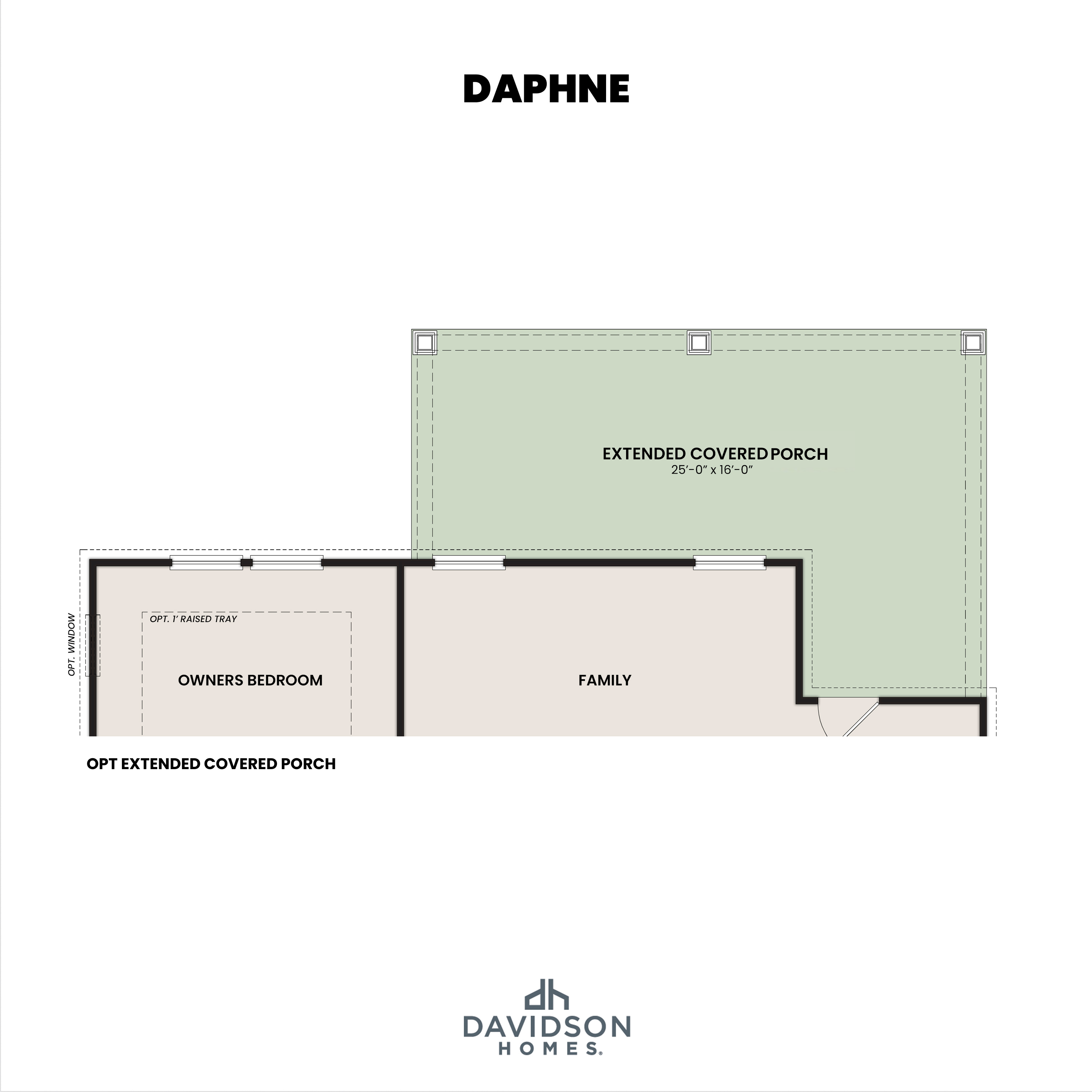 Optional extended covered porch floor plan of The Daphne by Davidson Homes showing owners bedroom and family room layout