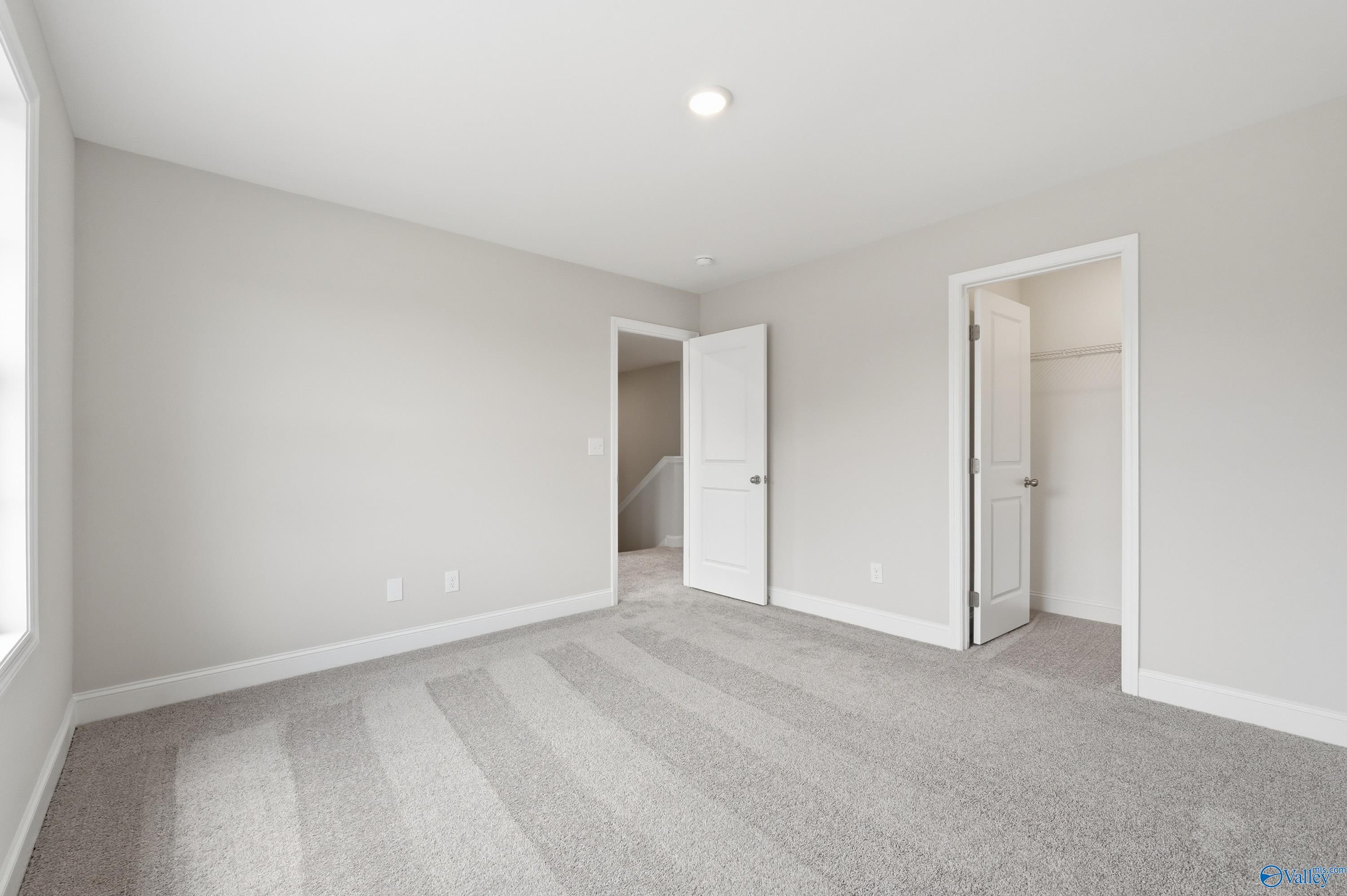 Spacious bedroom with light gray walls, plush carpet, walk-in closet, and window in Davidson Homes The Shelby B, New Market, Alabama