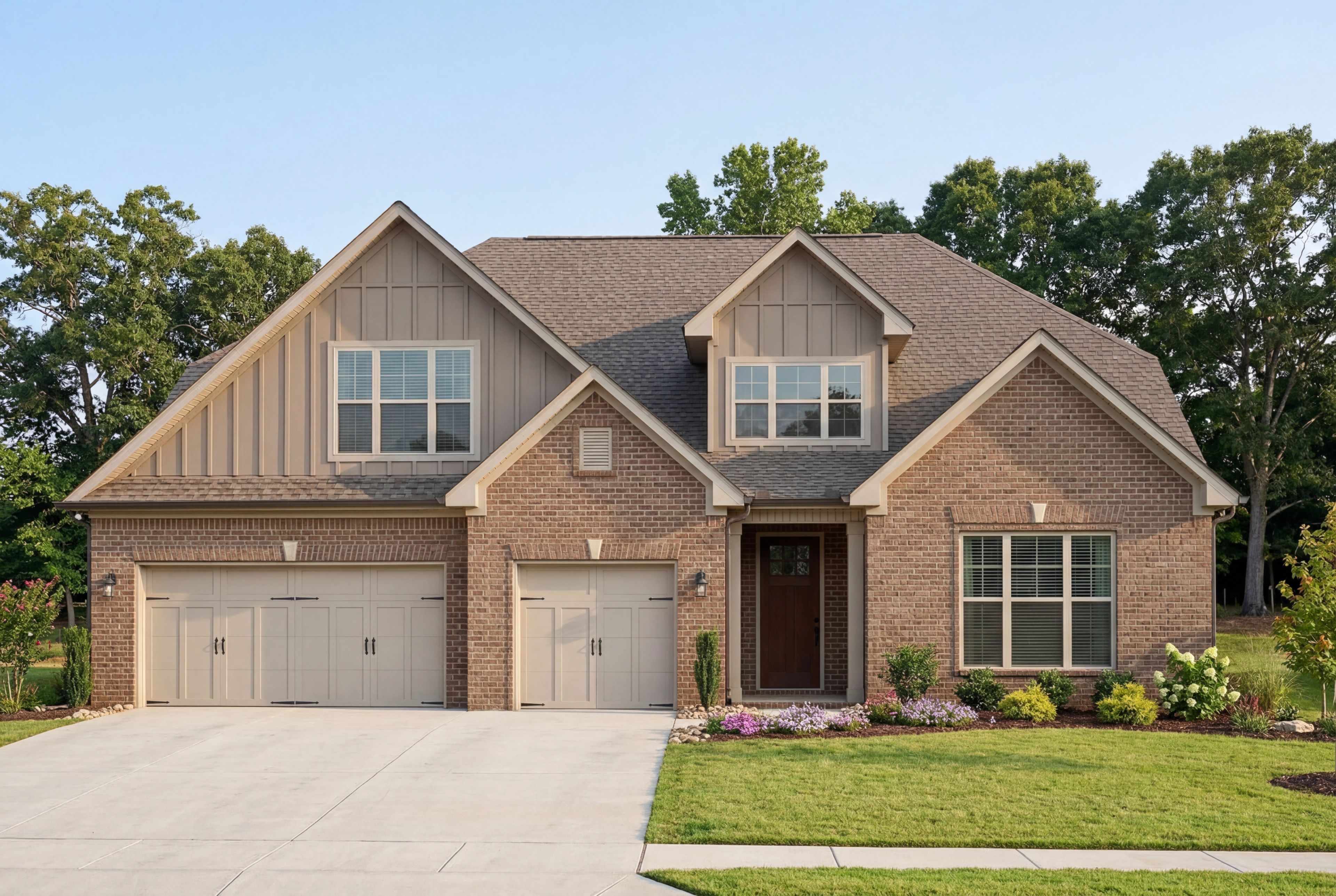 Exterior elevation of The Torrance, a 2-story Davidson Homes design in Meridianville with brick siding and 3-car garage.