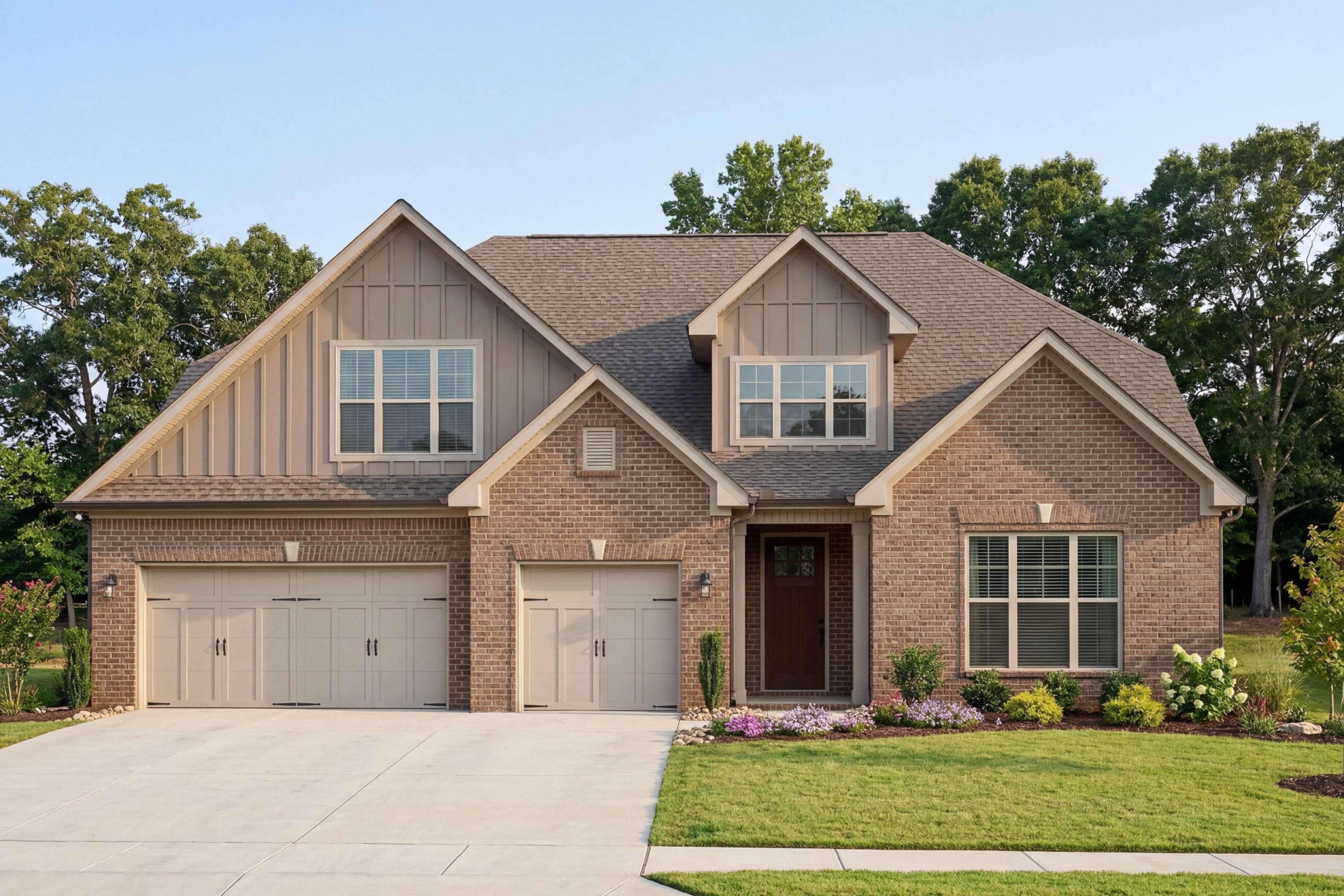 Exterior elevation of The Torrance, a 2-story Davidson Homes design in Meridianville with brick siding and 3-car garage.