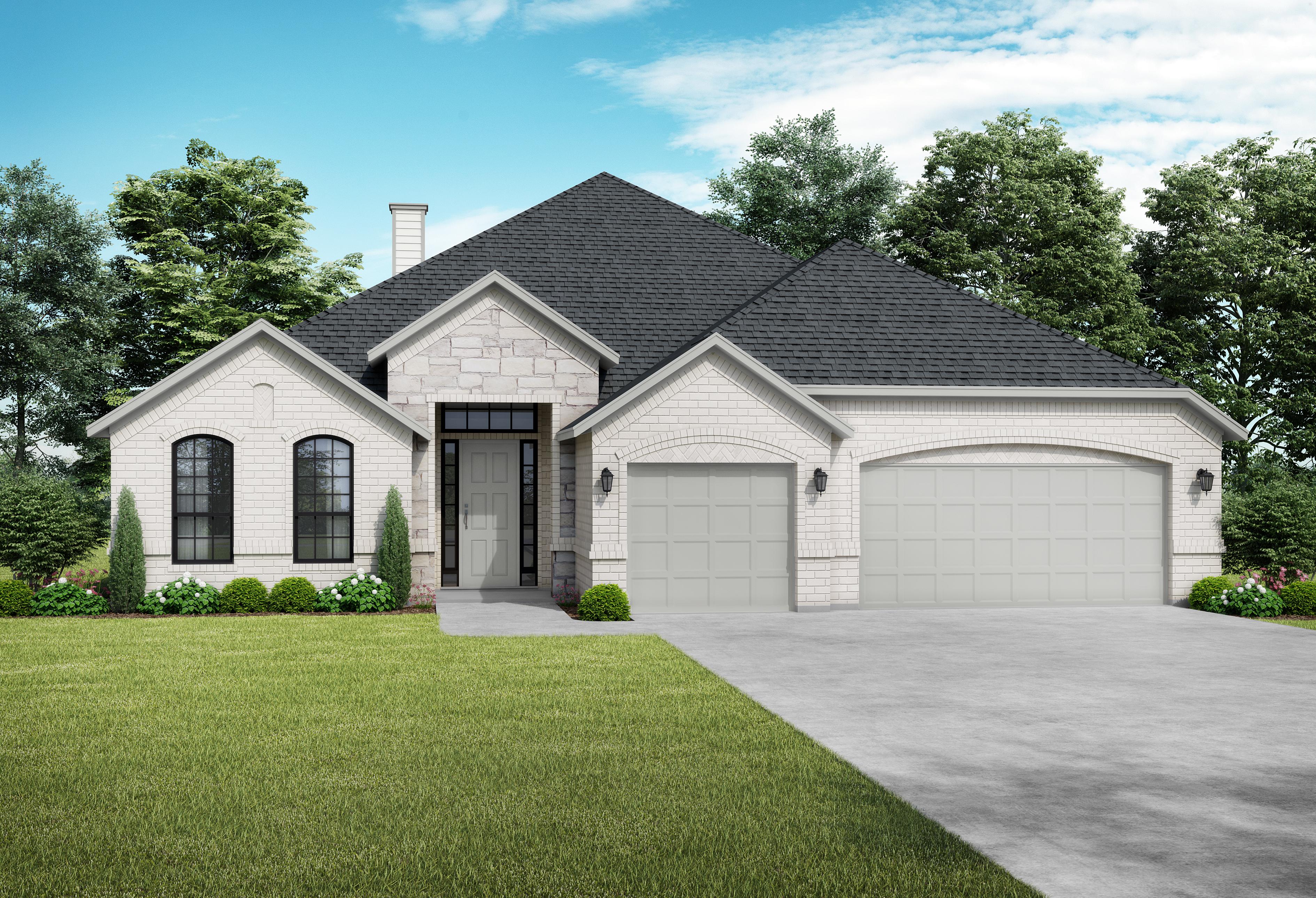 Charming one-story elevation of The Garner A showcasing white brick facade, stone accents, black roof, and 3-car garage