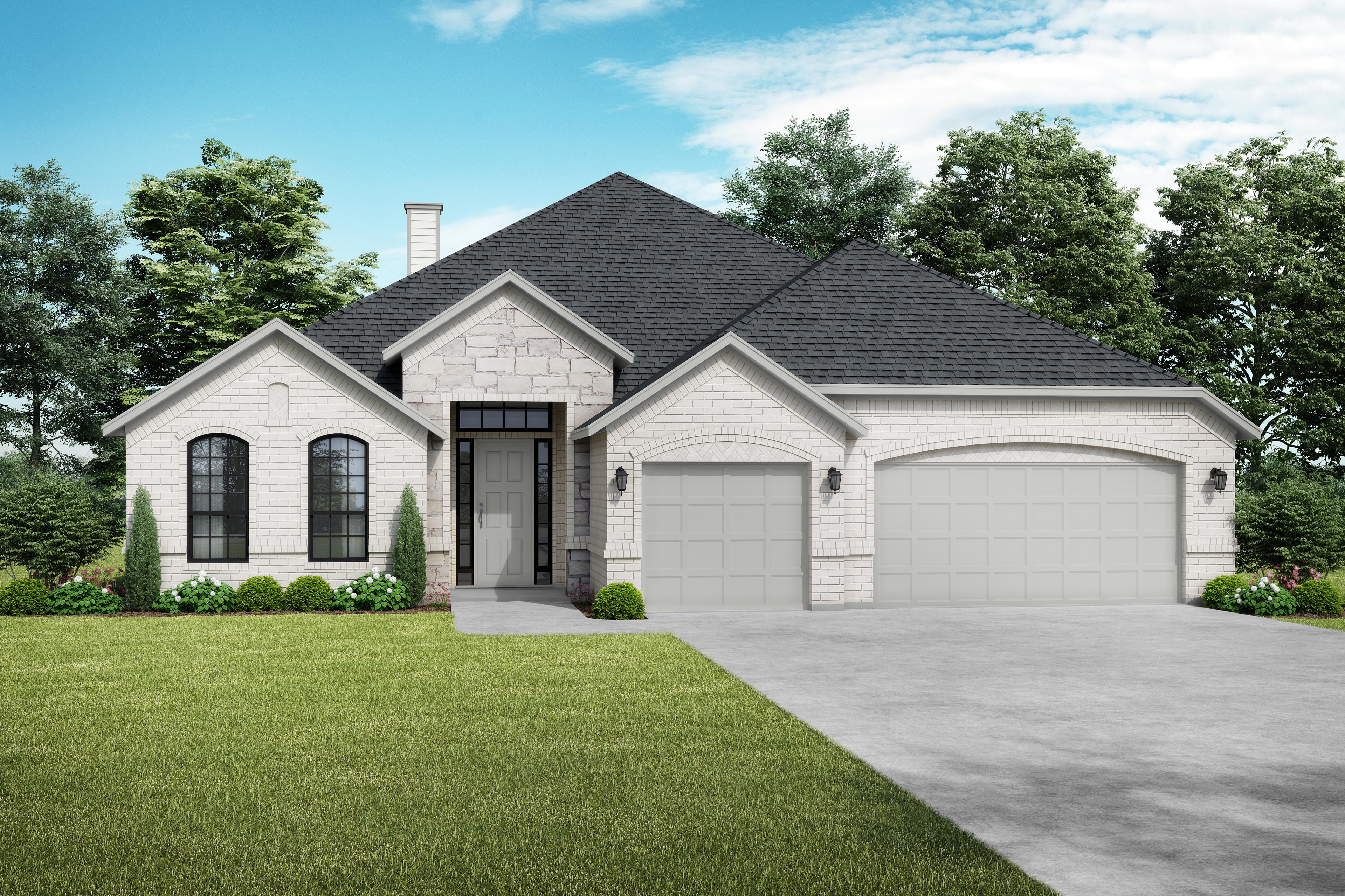Charming one-story elevation of The Garner A showcasing white brick facade, stone accents, black roof, and 3-car garage
