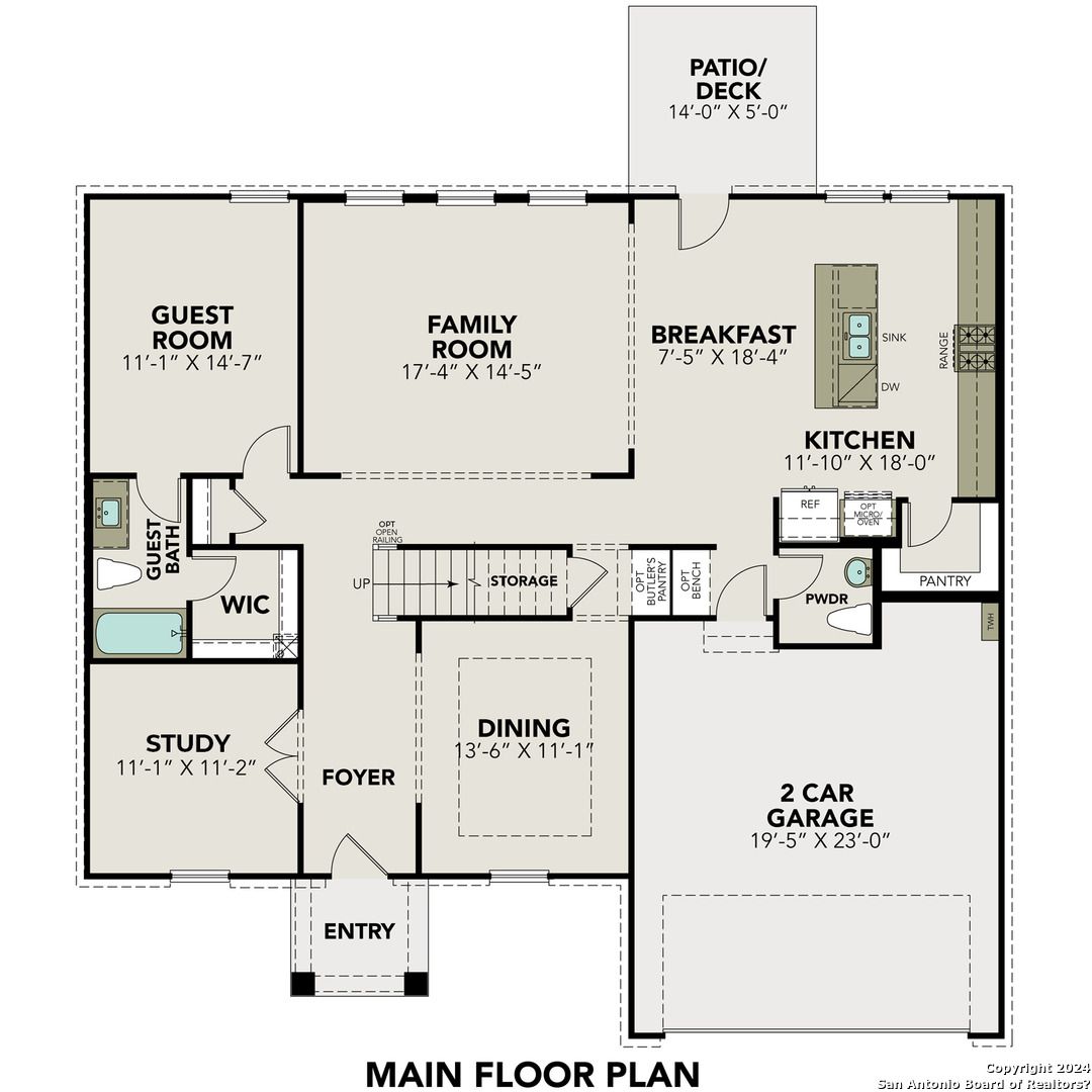 Detailed main floor plan of The Danbury H by Davidson Homes: study, dining, open kitchen-family room, 2-car garage in Castroville, Texas