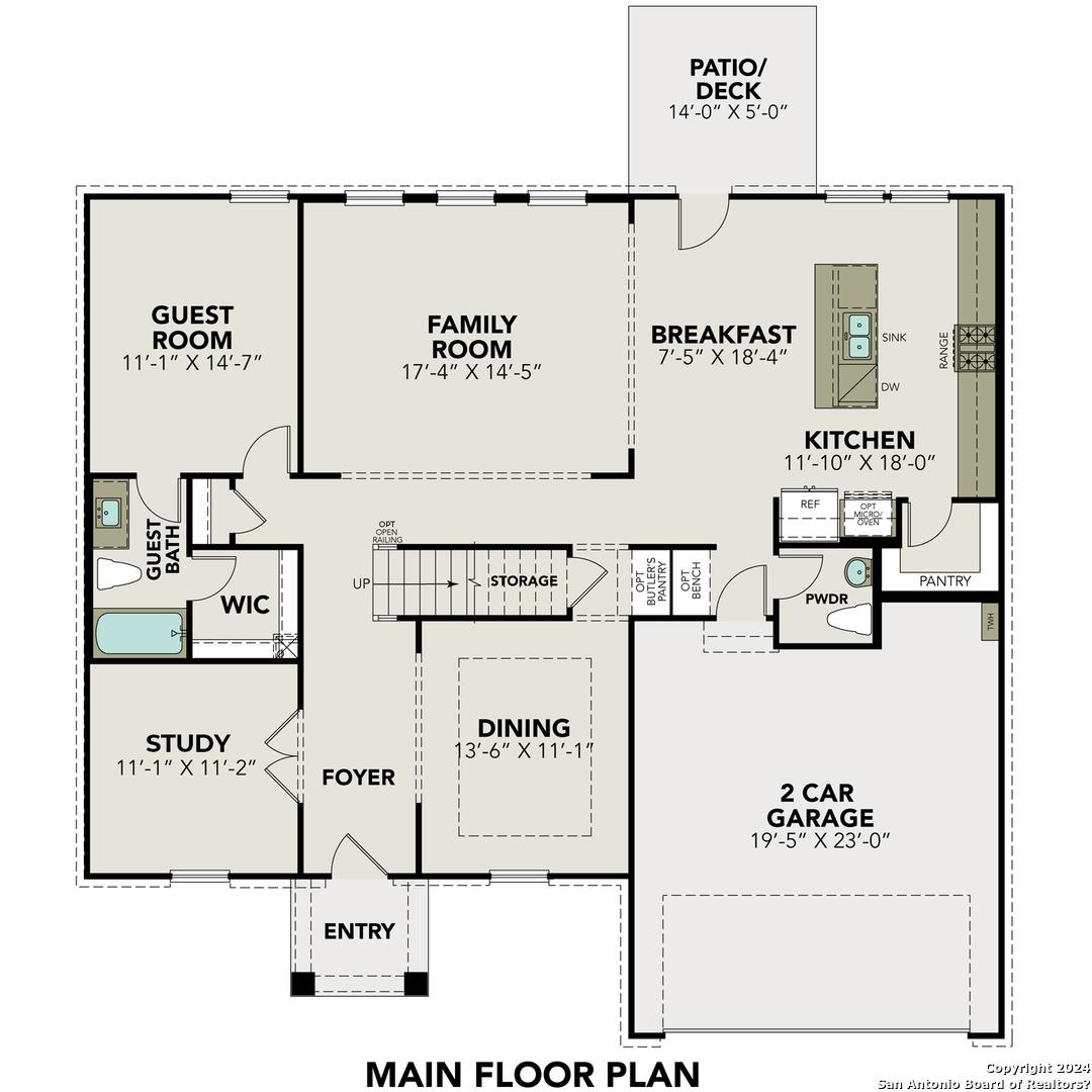 Detailed main floor plan of The Danbury H by Davidson Homes: study, dining, open kitchen-family room, 2-car garage in Castroville, Texas