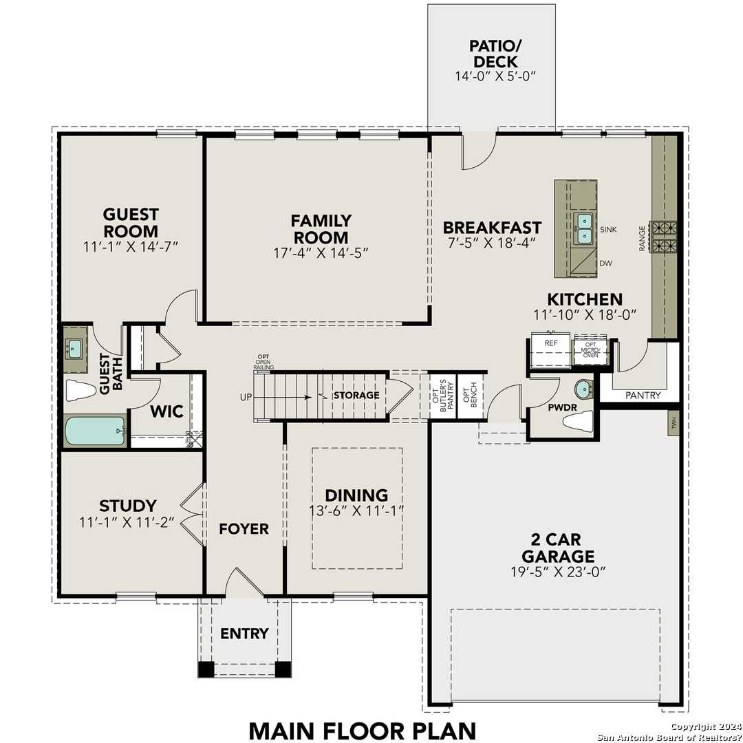 Detailed main floor plan of The Danbury H by Davidson Homes: study, dining, open kitchen-family room, 2-car garage in Castroville, Texas