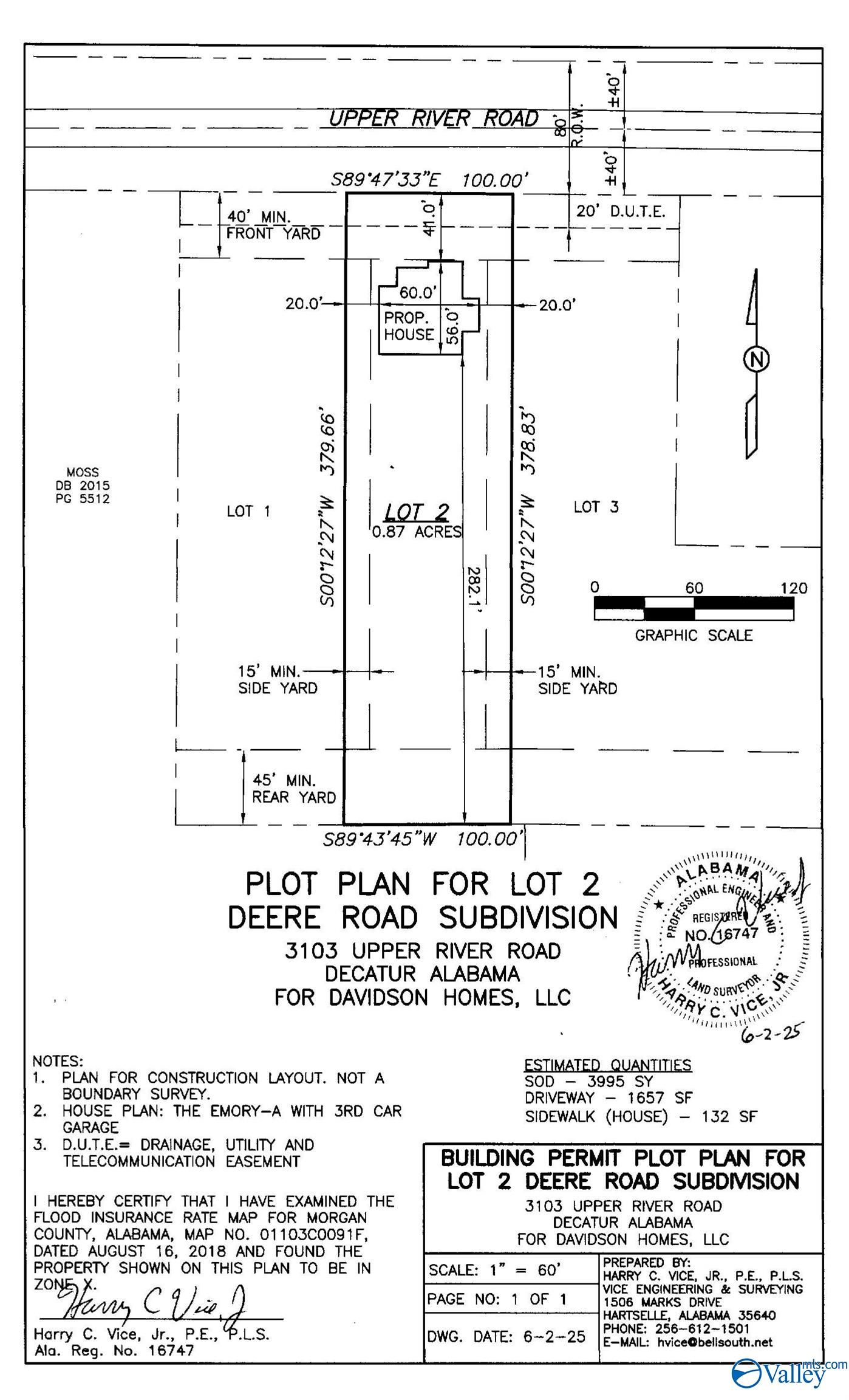 Plot plan for Lot 2 in Hollon Meadow, Decatur, Alabama, showing The Emory 4-bedroom home placement by Davidson Homes