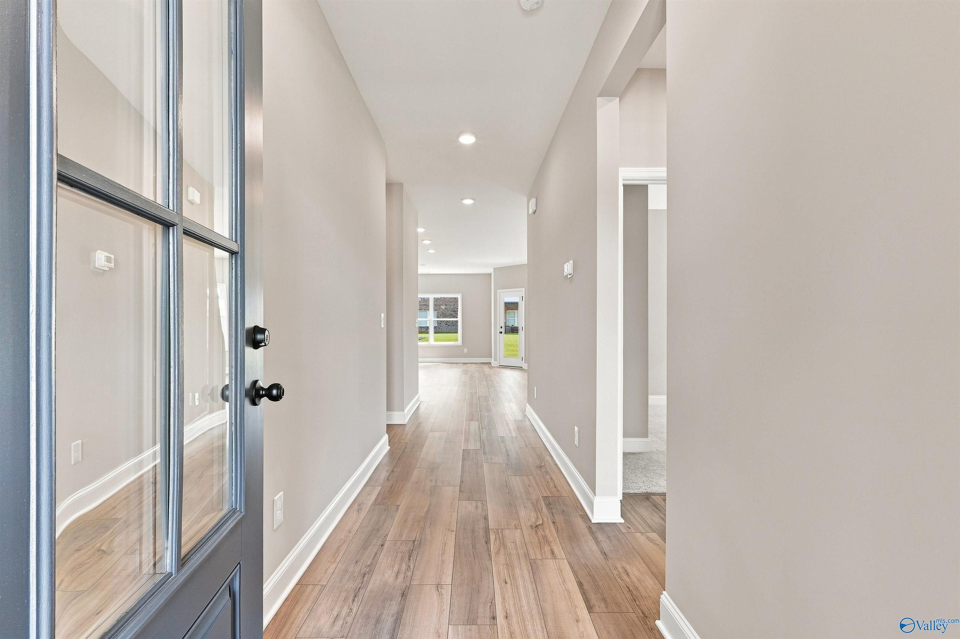 Bright entry foyer with glass-paneled front door and luxury vinyl plank flooring in Davidson Homes The Franklin C, Wood Trail, Toney, AL