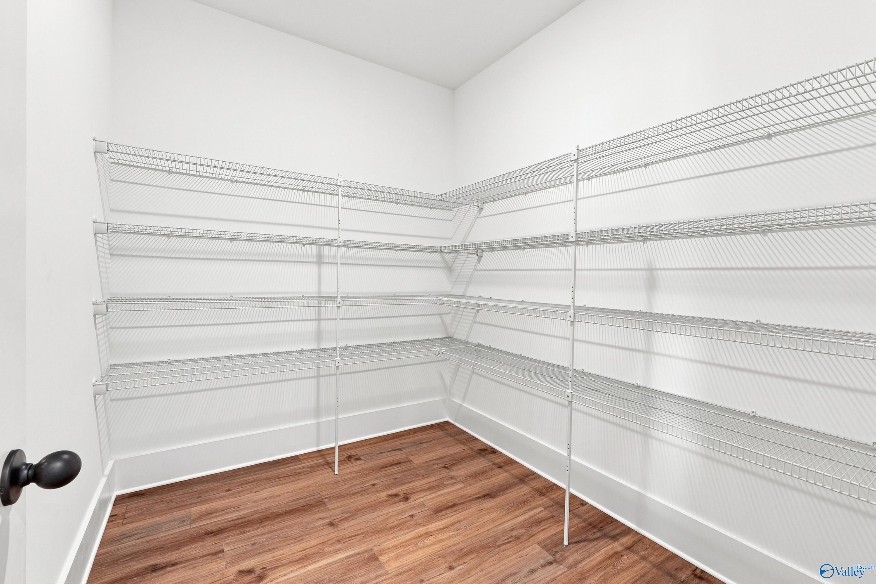 Walk-in pantry with white wire shelving and wood-look flooring in The Valencia floor plan at Riverton Preserve, Huntsville.