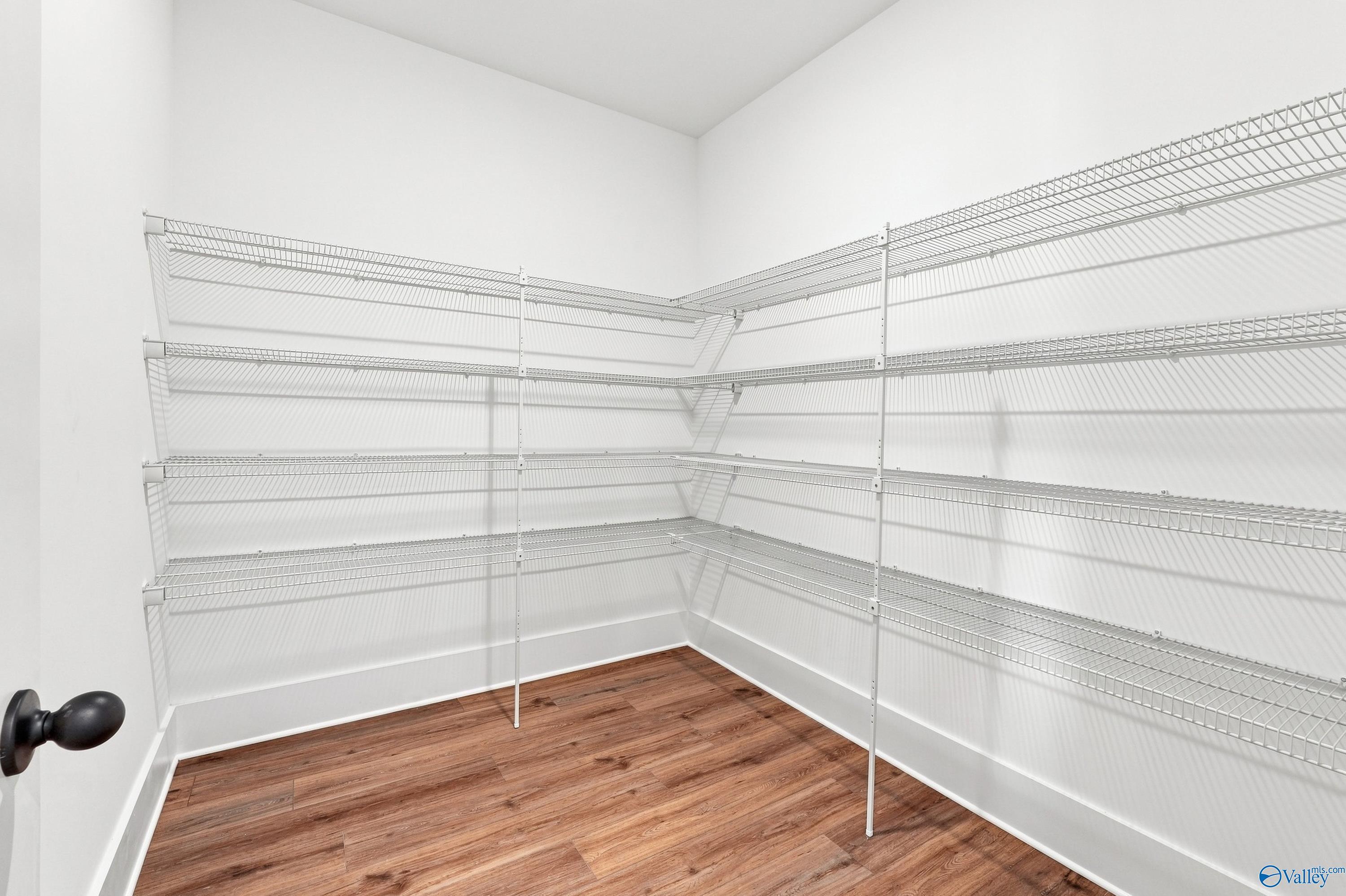 Walk-in pantry with white wire shelving and wood-look flooring in The Valencia floor plan at Riverton Preserve, Huntsville.