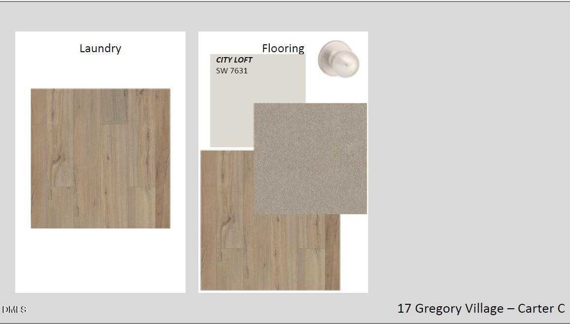 Wood flooring samples and neutral carpet swatch for laundry and living areas in Davidson Homes Carter C, Gregory Village, Lillington, NC