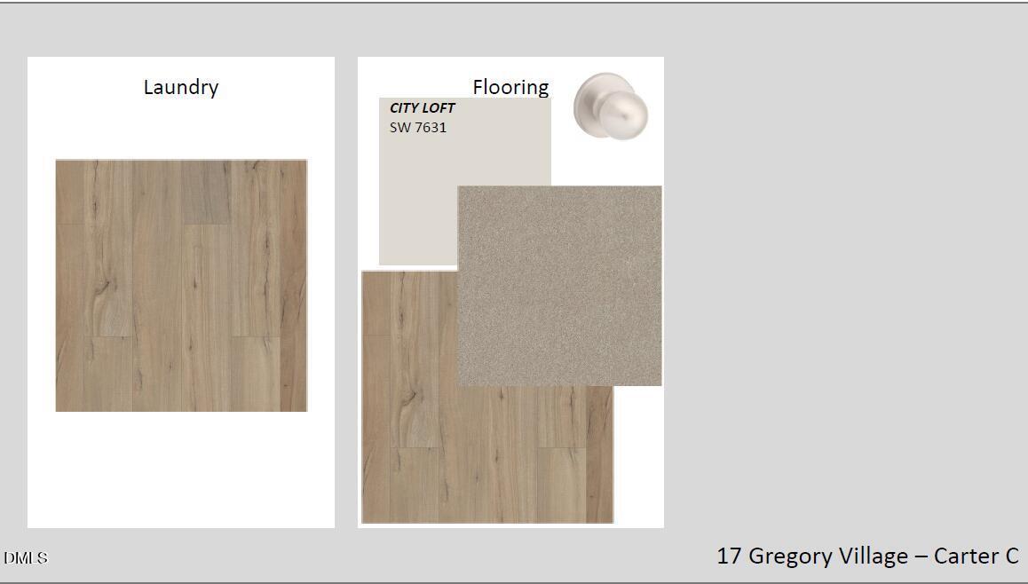 Wood and carpet flooring samples for laundry and living areas in Davidson Homes Carter C, Gregory Village, Lillington NC