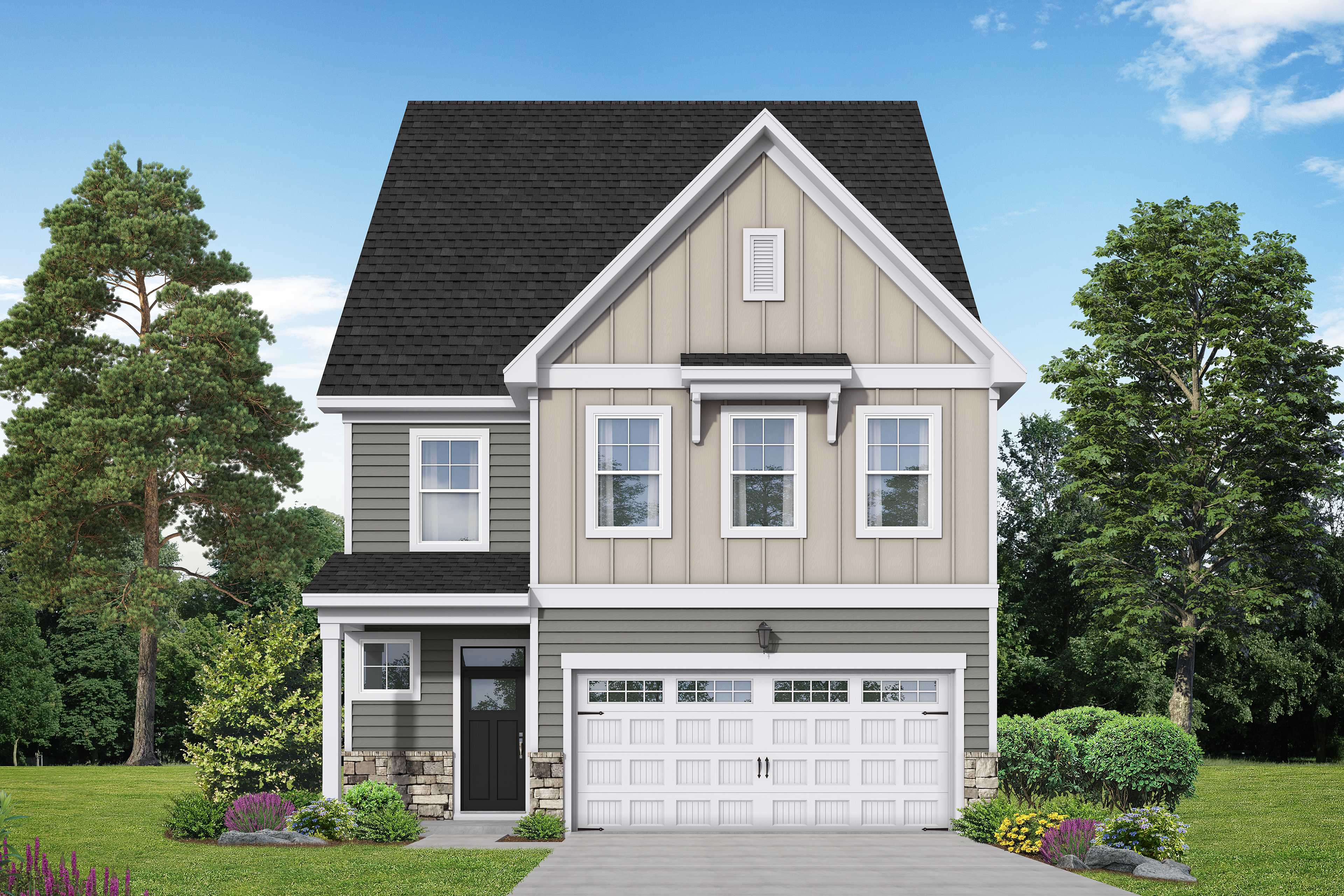 Two-story Gavin B home elevation by Davidson Homes with gray siding, white trim, two-car garage, and landscaped yard in Lillington NC