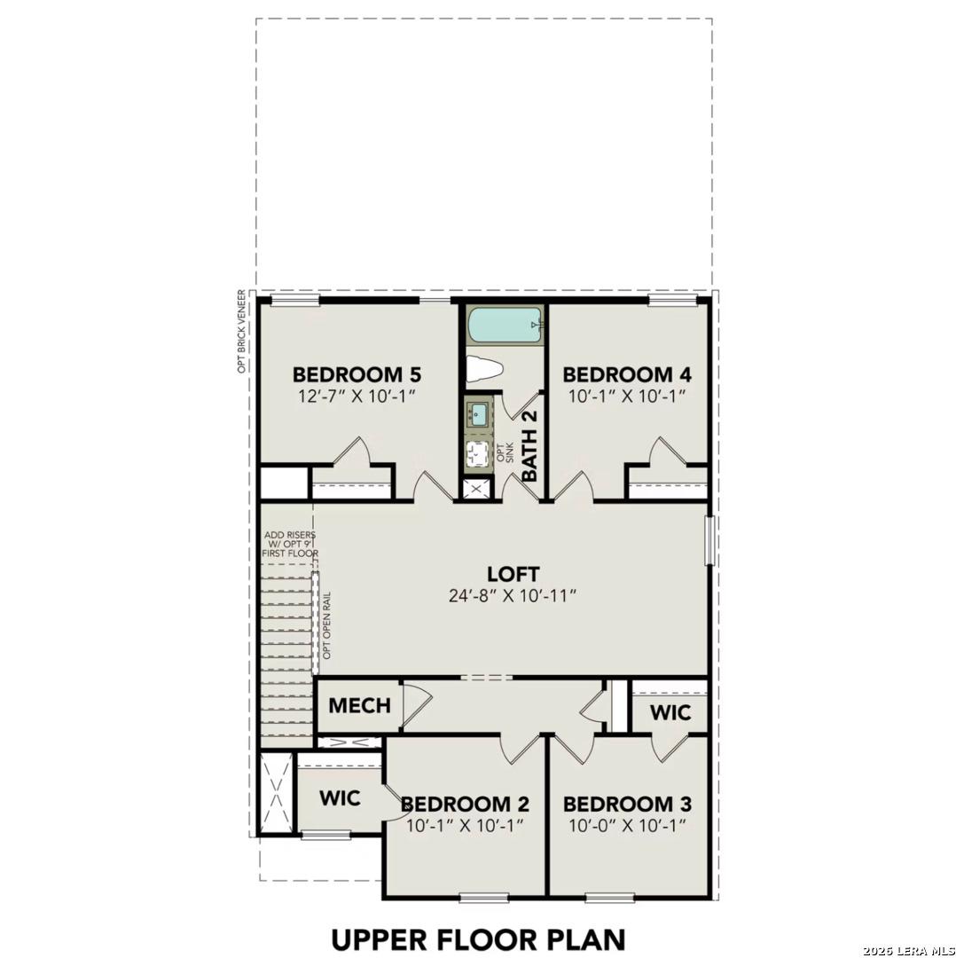 Upper floor plan of The Brazos B with bedrooms 2-5, loft, baths, and closets in 5-bedroom Davidson Homes, Agave, San Antonio, Texas