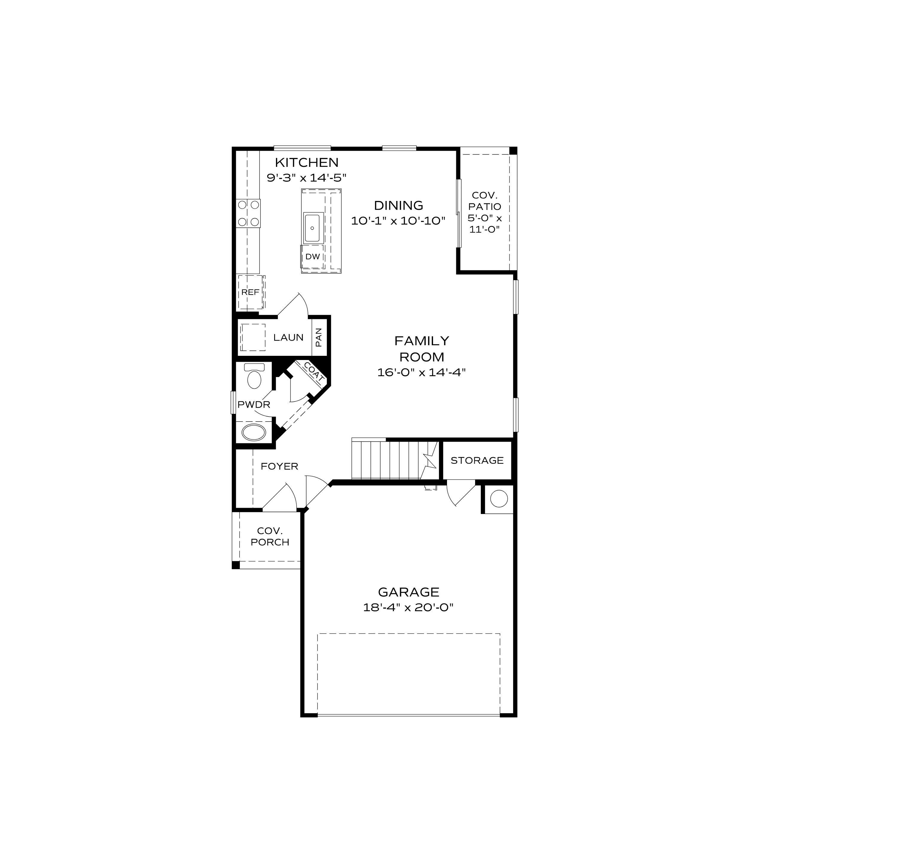 First floor plan of Wilmington B home design featuring open kitchen, dining, family room, and 2-car garage