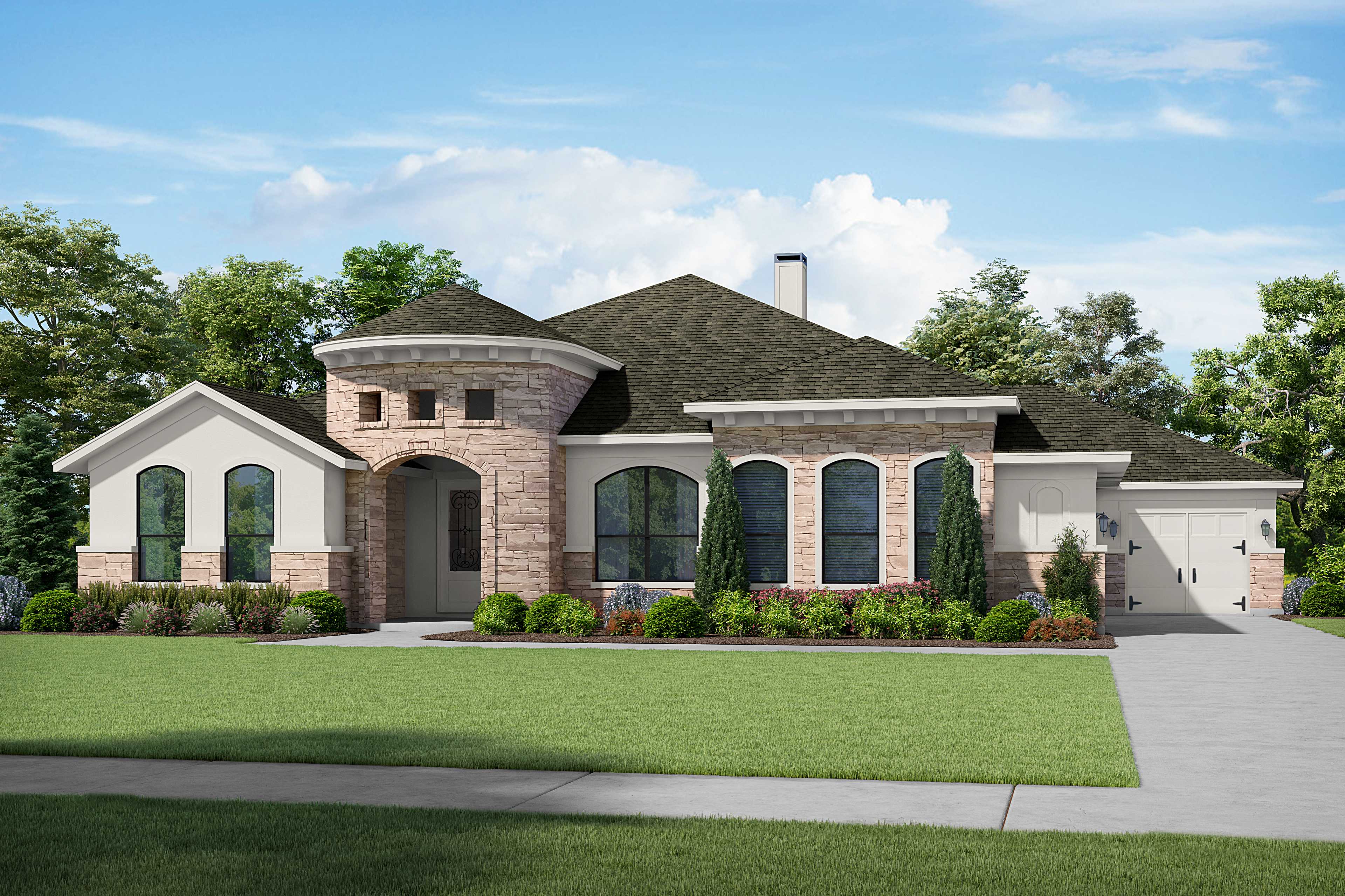 Charming single-story elevation of The Summerlin T by Davidson Homes, with brick and stucco exterior, turret, arched windows, and landscaped yard in Castroville, TX
