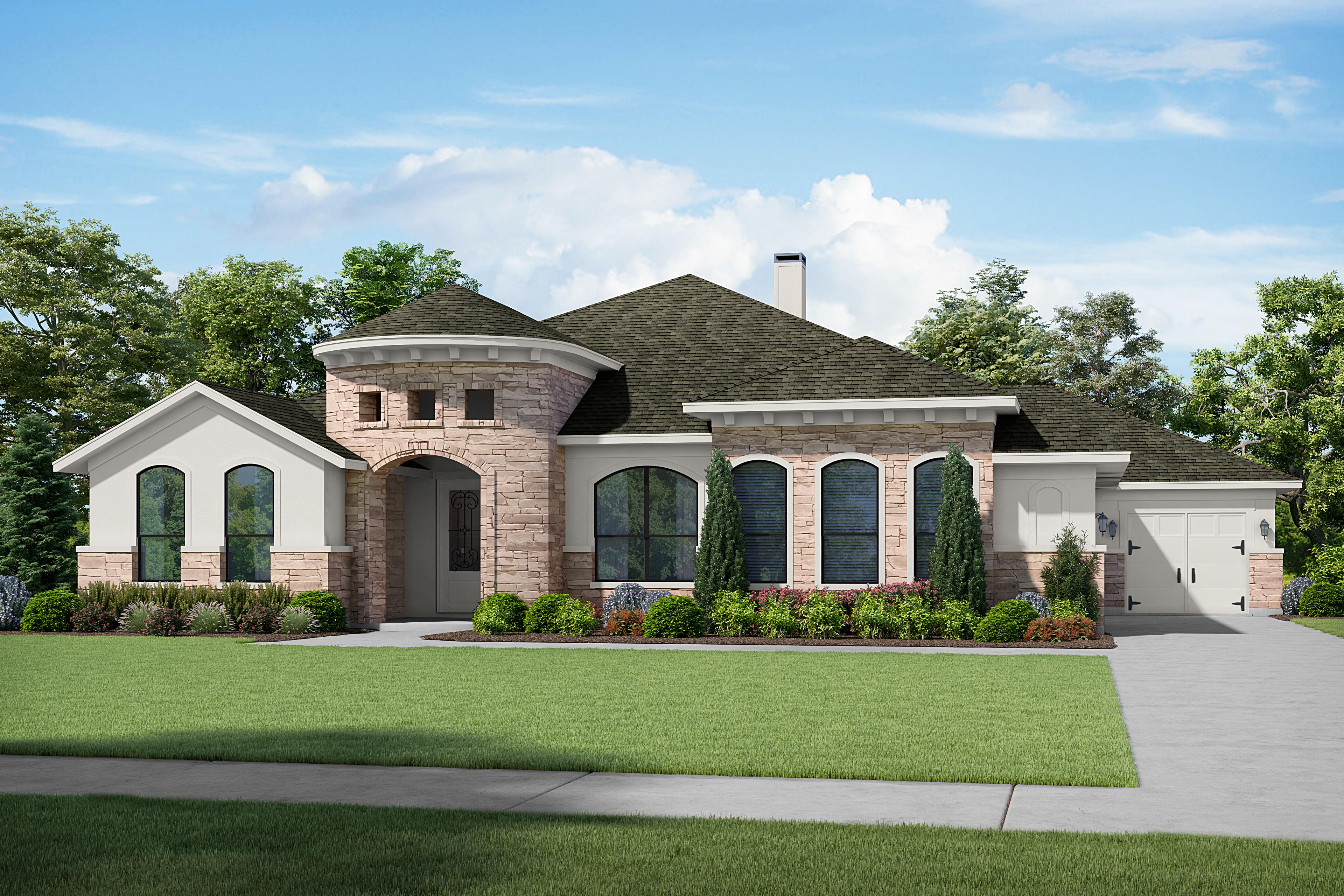 Charming single-story elevation of The Summerlin T by Davidson Homes, with brick and stucco exterior, turret, arched windows, and landscaped yard in Castroville, TX