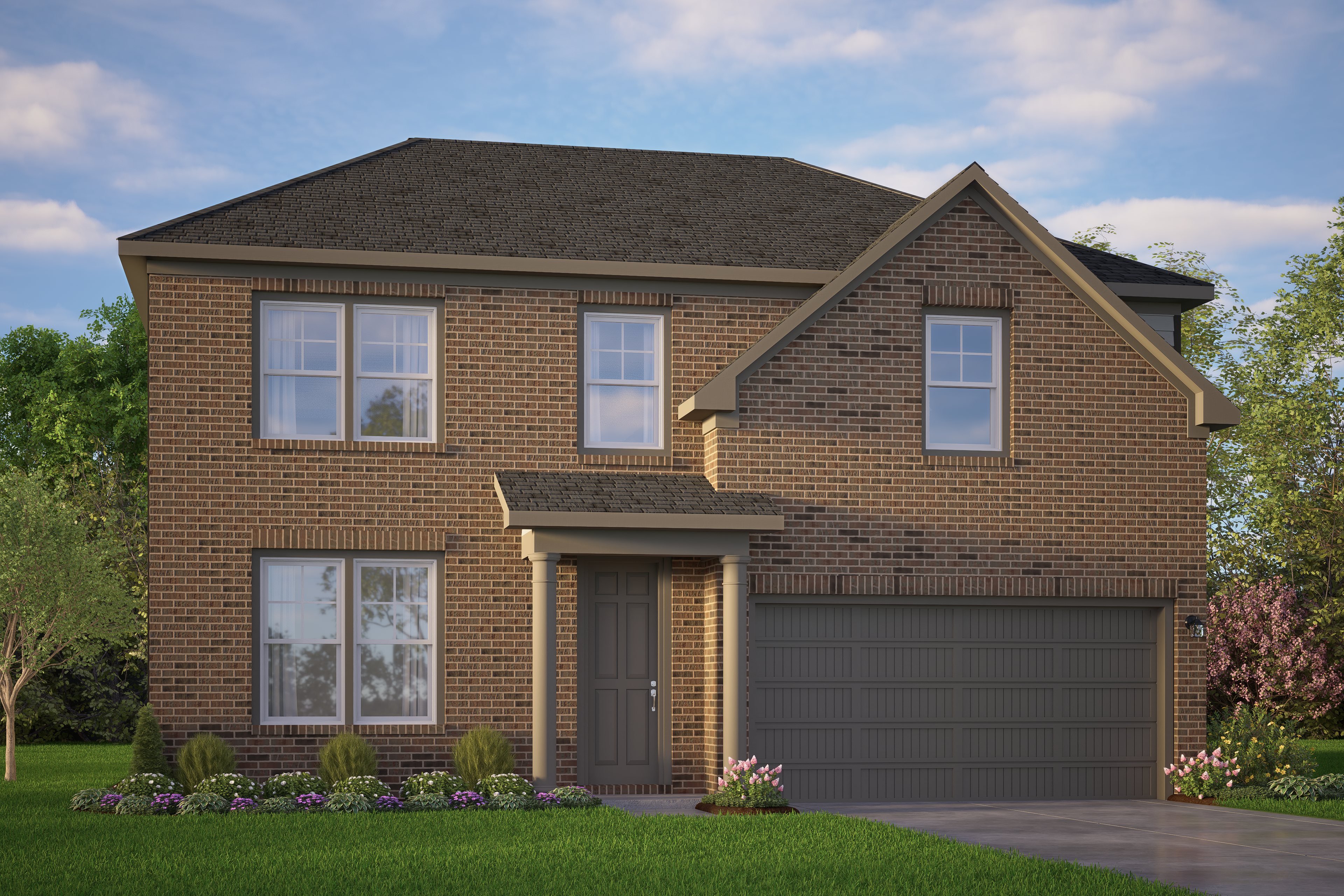 Two-story brick exterior of The Murray home plan by Davidson Homes in San Antonio, featuring 2-car garage and covered porch