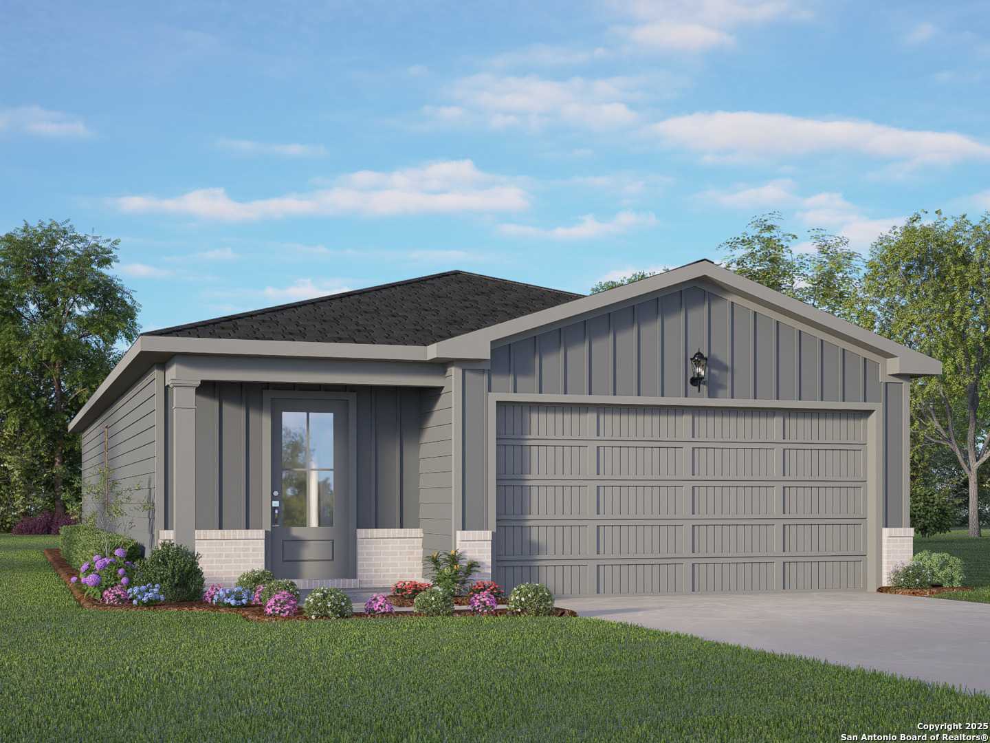 Modern gray single-story home with 2-car garage, covered porch, and landscaped yard in Agave, San Antonio - Davidson Homes The Frio B