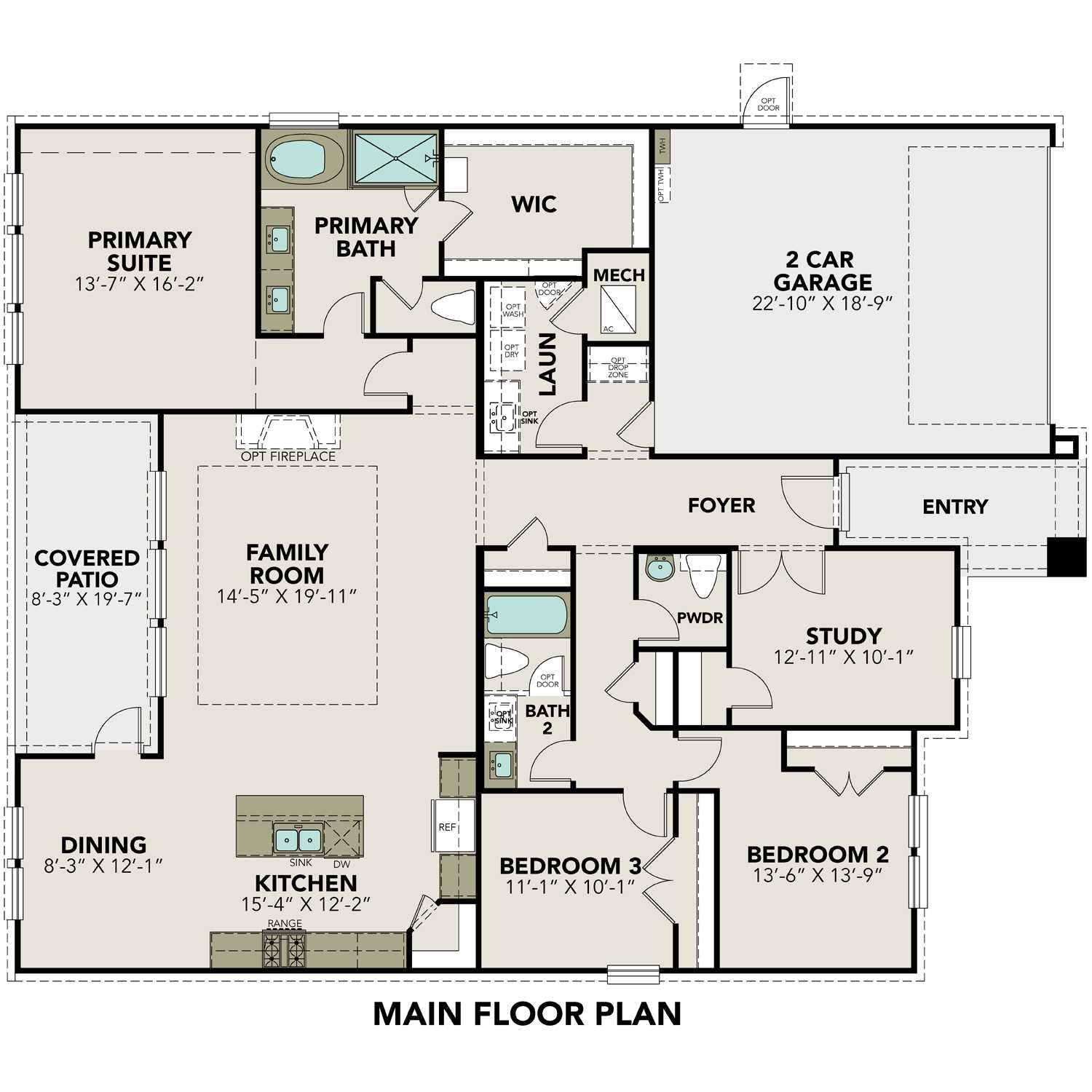 Floor plan of The Edward B showcasing 3-bedroom layout, open kitchen, family room, and 3-car garage