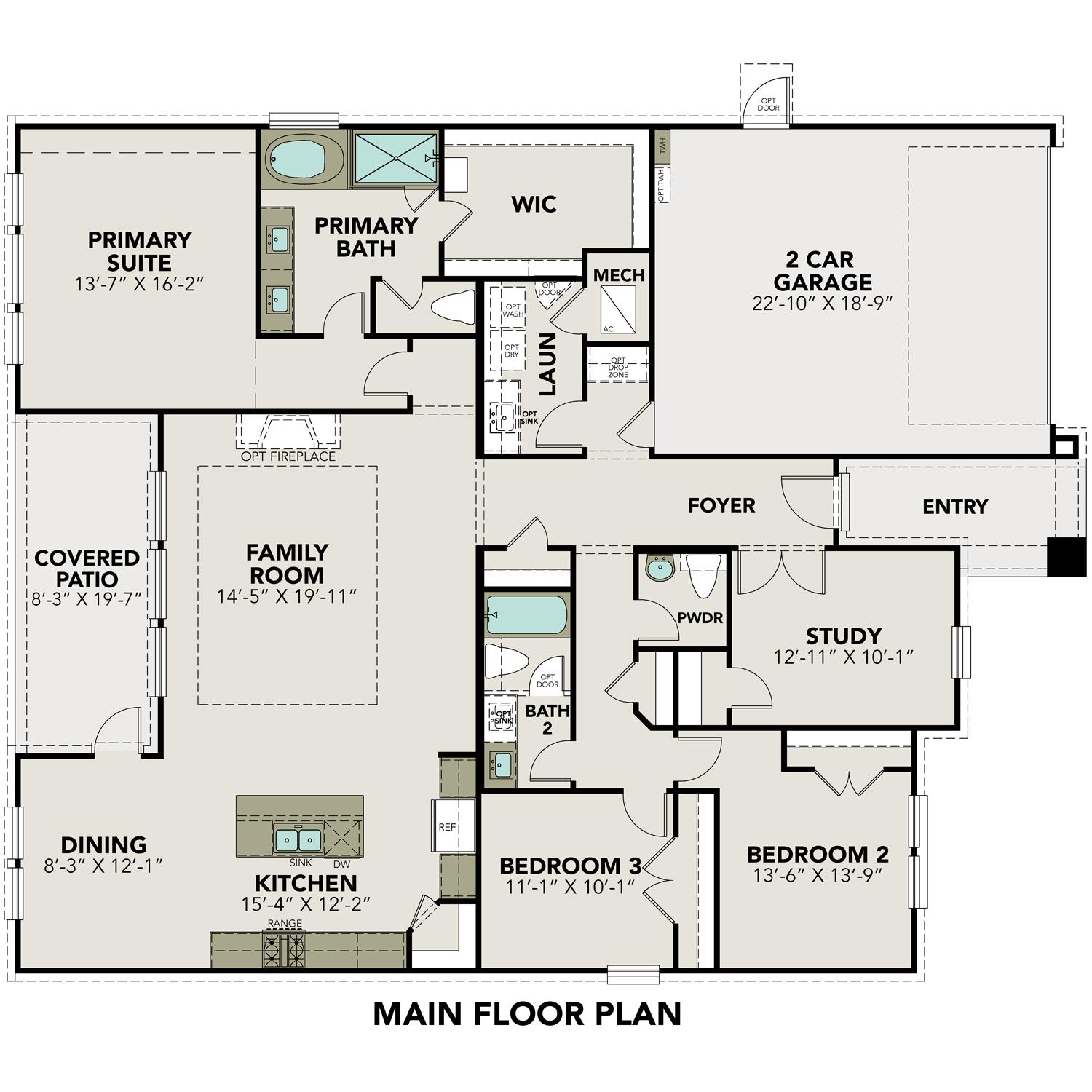 Spacious floor plan of The Edward C 3-car garage home featuring primary suite, open kitchen, and family room