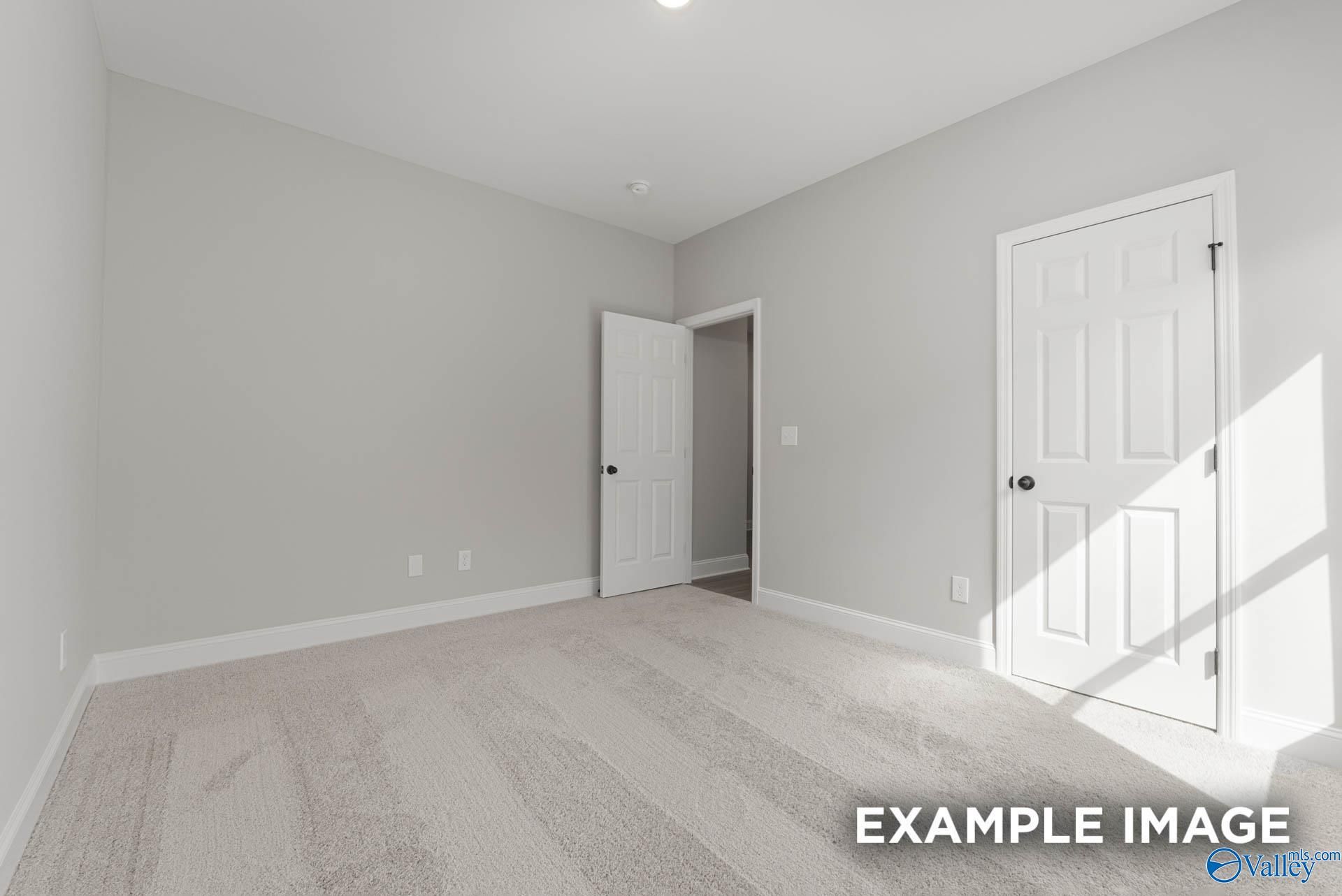 Bright empty bedroom with light gray walls, beige carpet, and white doors in The Daphne D floor plan, Meridianville, Alabama