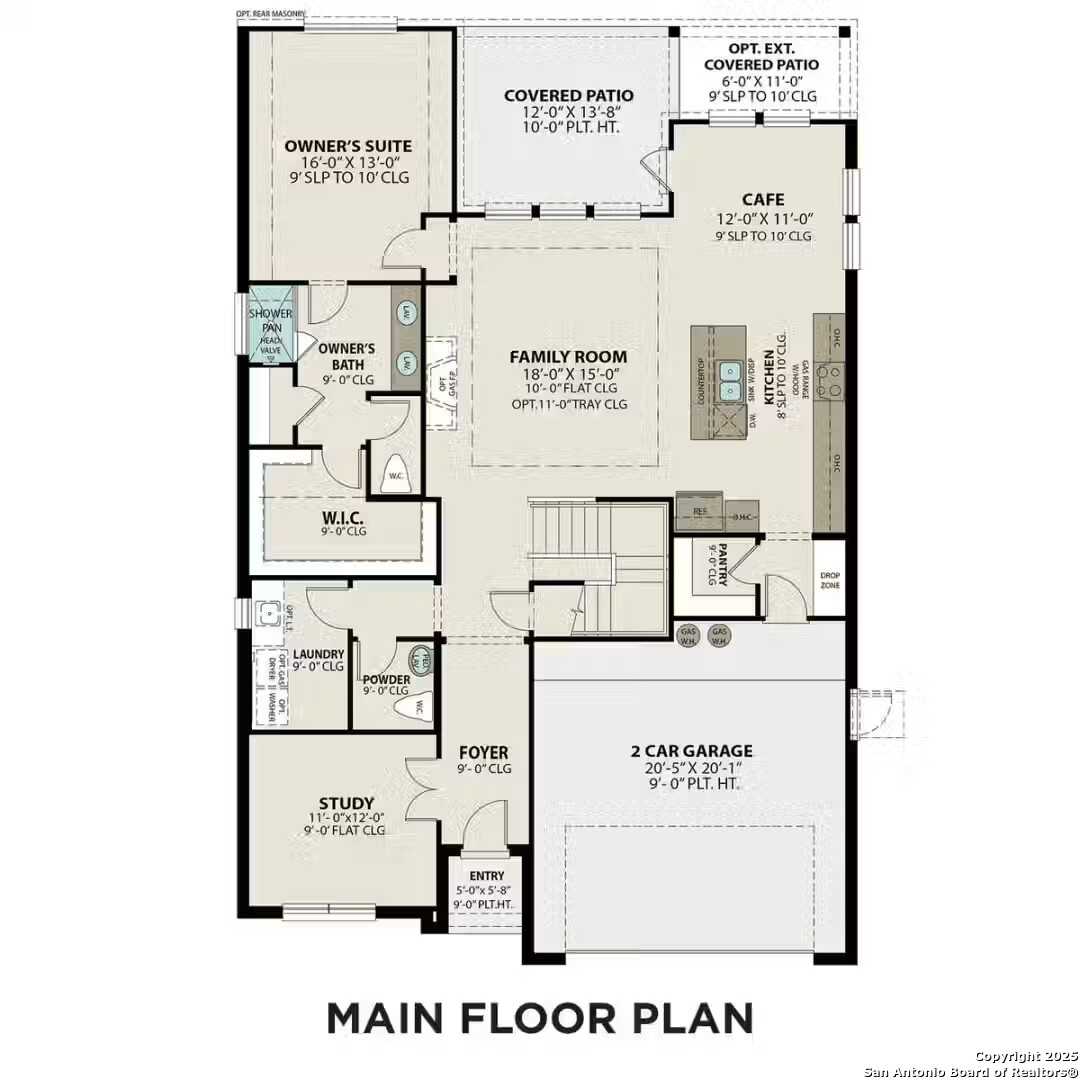 Main floor plan of The Sequoia B by Davidson Homes: open family room, kitchen, cafe, owner's suite, study, 2-car garage in Comanche Ridge, San Antonio