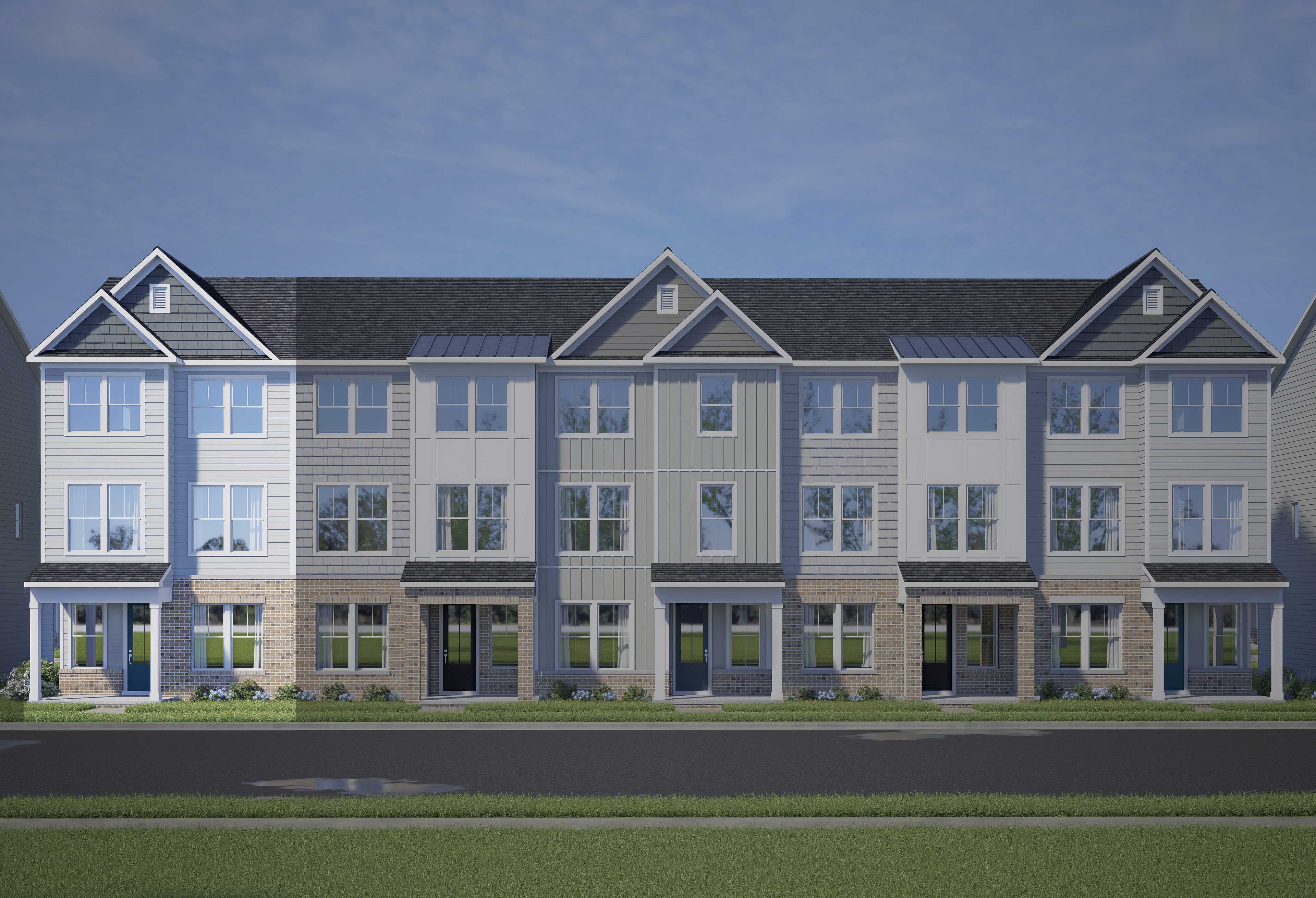 Modern three-story Avery townhomes by Davidson Homes in Knightdale, NC: white-gray siding, brick accents, front porches, two-car garages