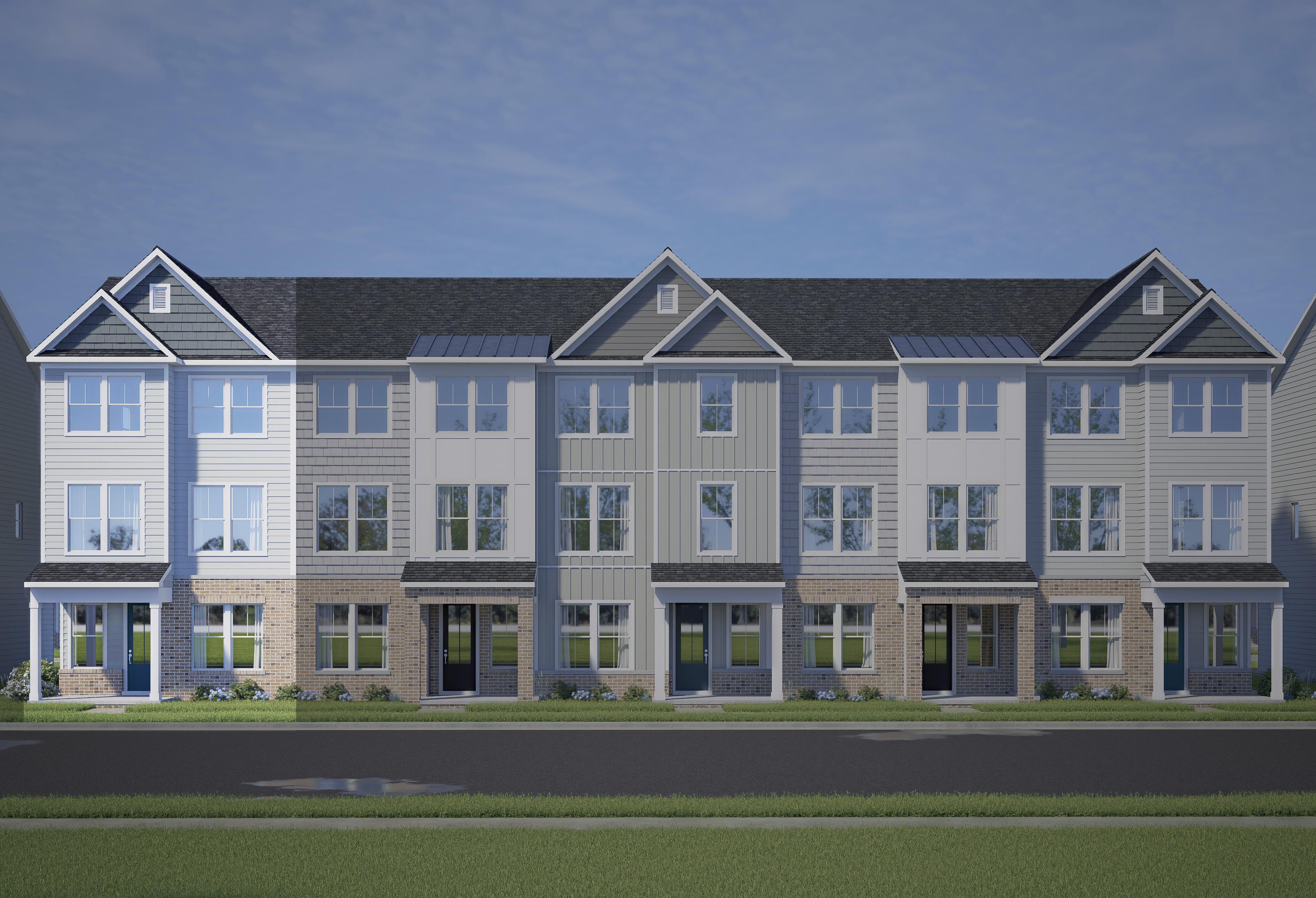 Modern three-story Avery townhomes by Davidson Homes in Knightdale, NC: white-gray siding, brick accents, front porches, two-car garages