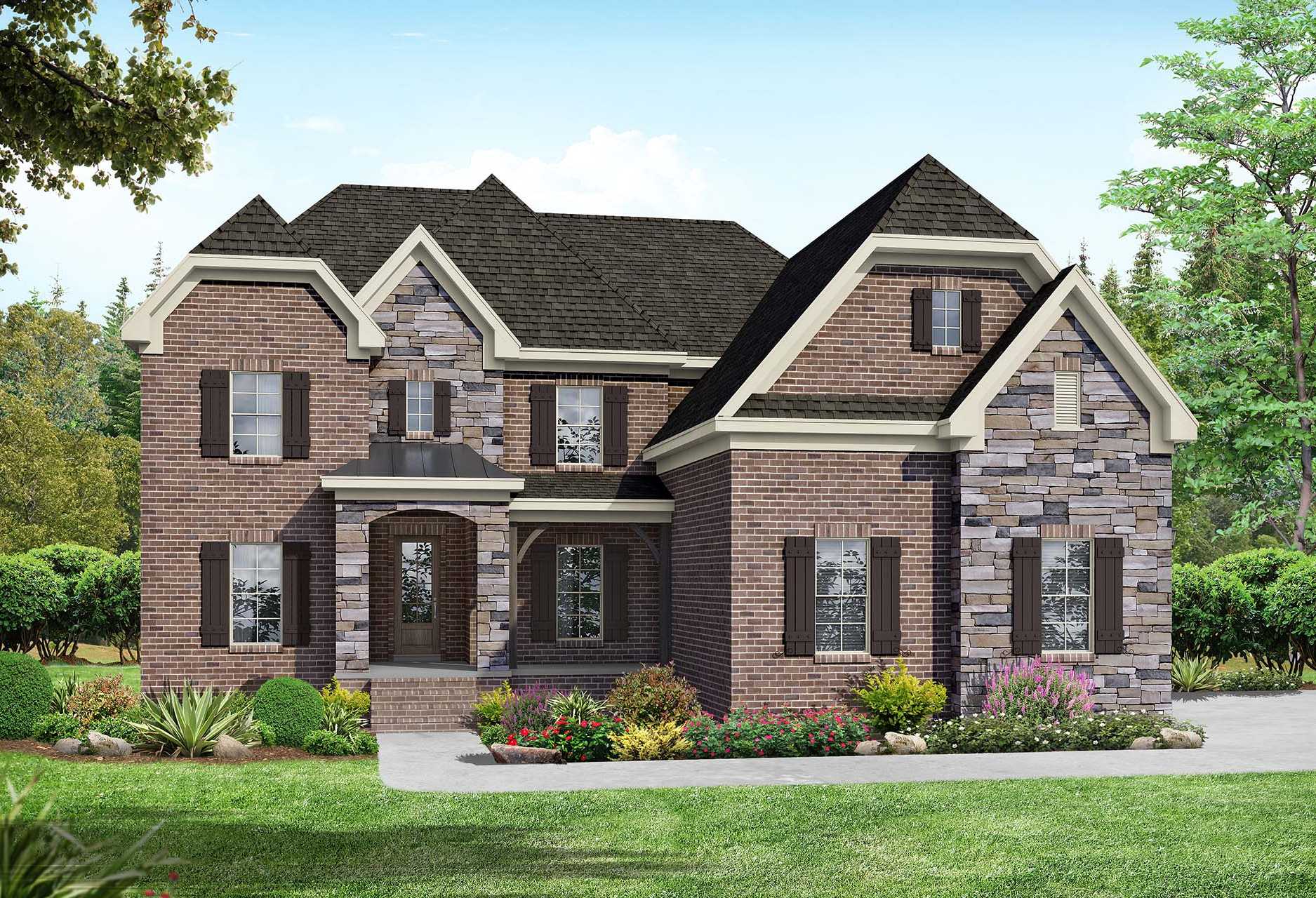Two-story brick and stone Hawkins home elevation with gabled roof, front porch, and landscaped yard in Murfreesboro TN